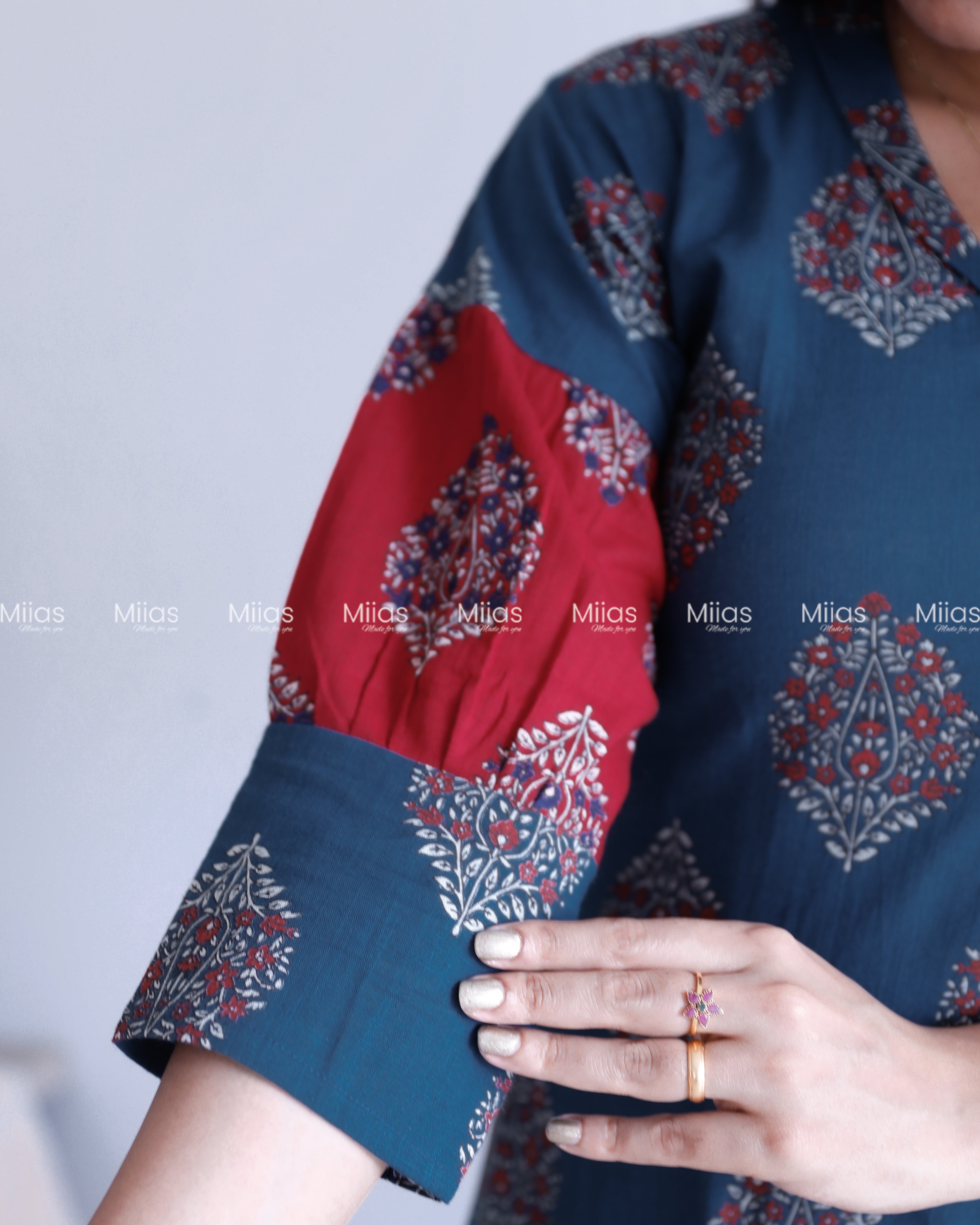 South Cotton Dress Kurti | Folding V-Neck + Red Sleeve Panel | Blue