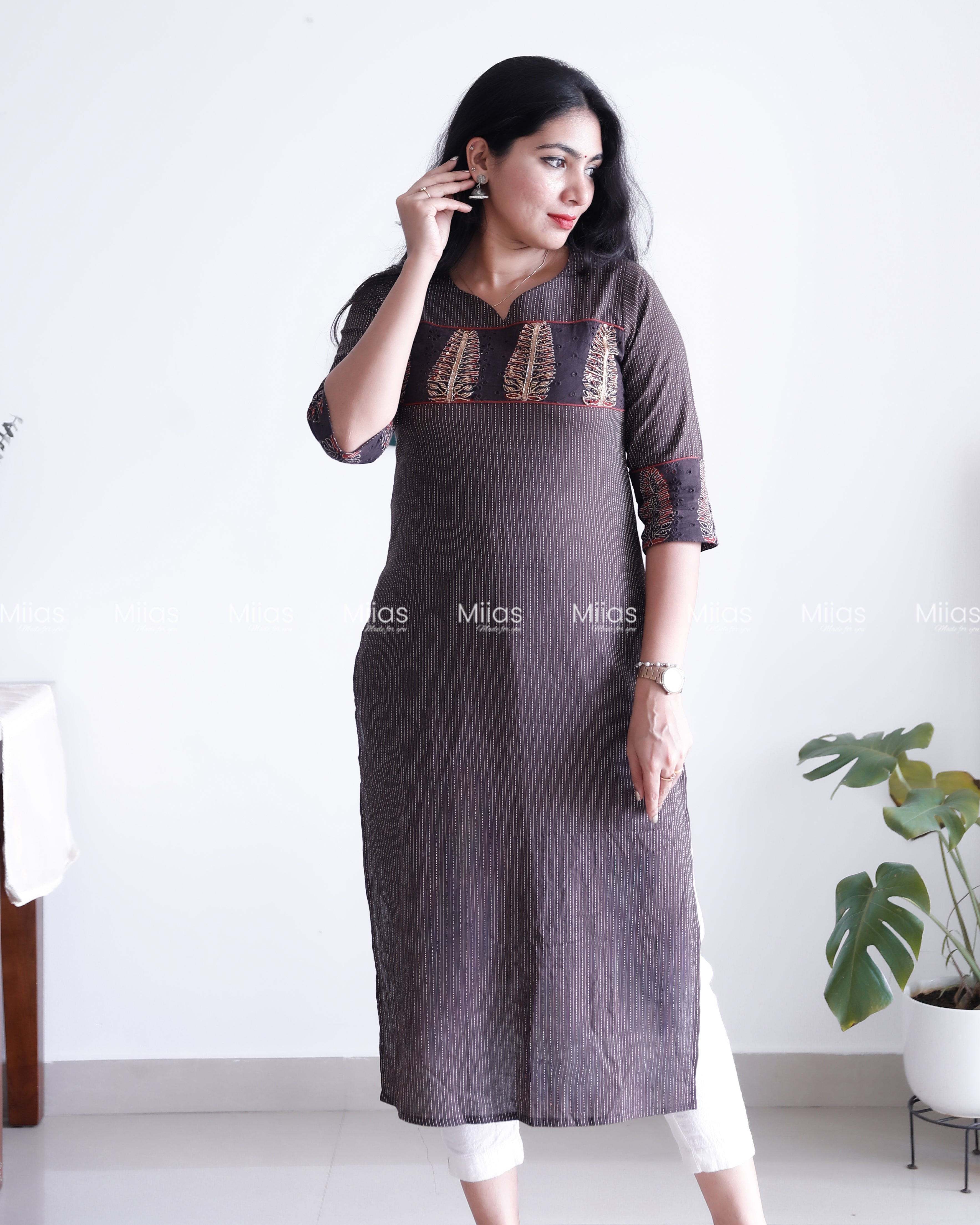 Kantha Cotton Slit Kurti | Ajrakh Beaded Yoke + Piping | Coffee Brown