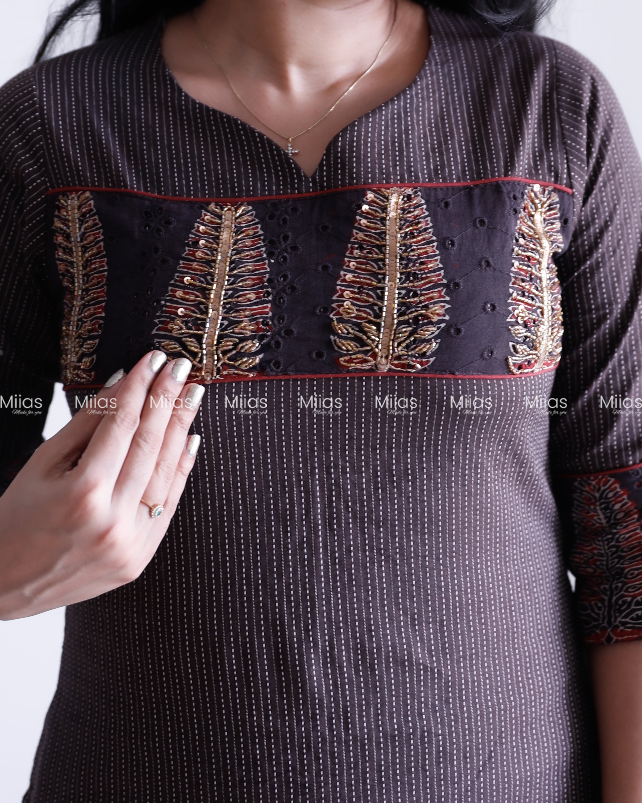 Kantha Cotton Slit Kurti | Ajrakh Beaded Yoke + Piping | Coffee Brown
