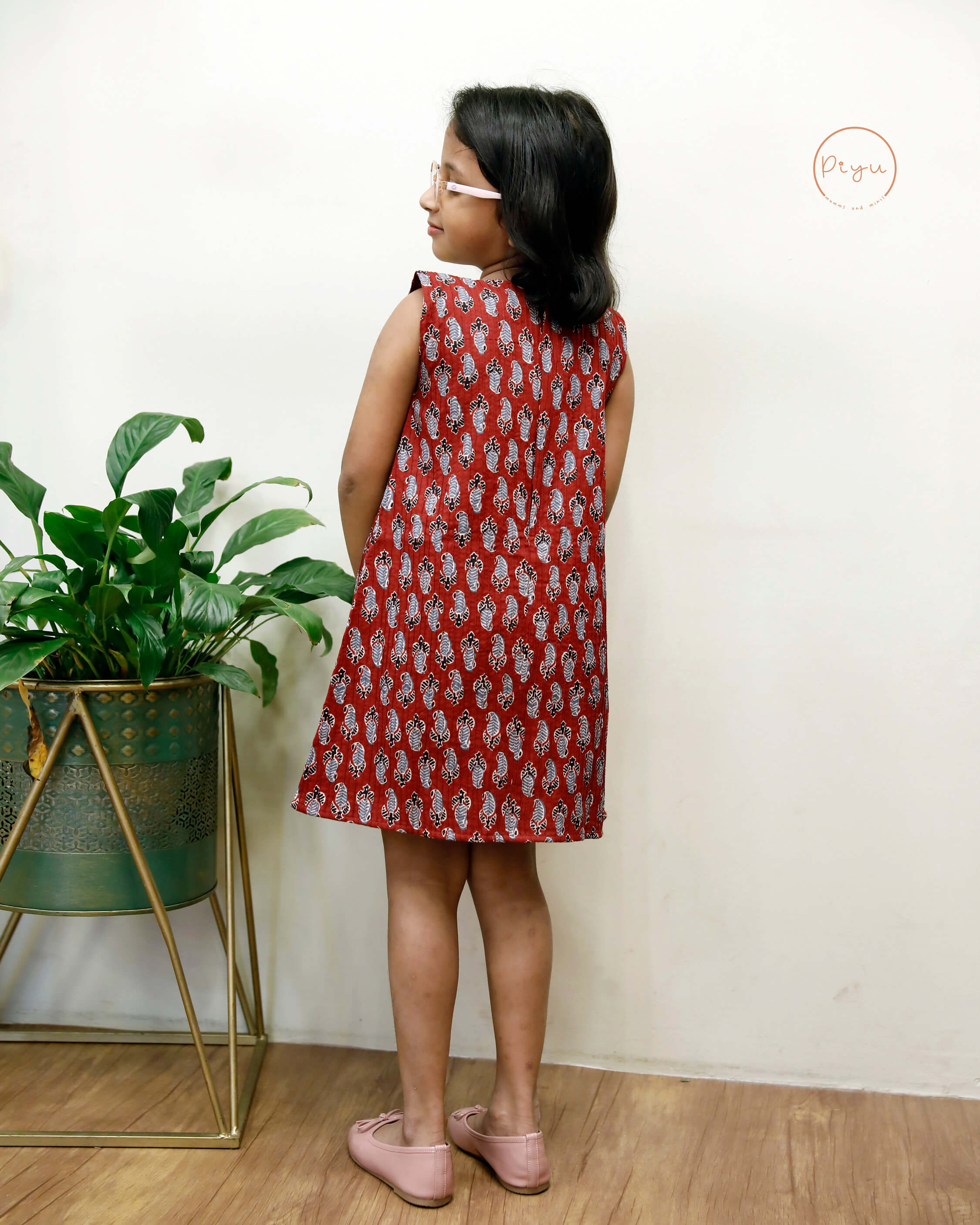 Cotton A-Line Dress: Ajrakh Print & Rose Embroidery-Brick red