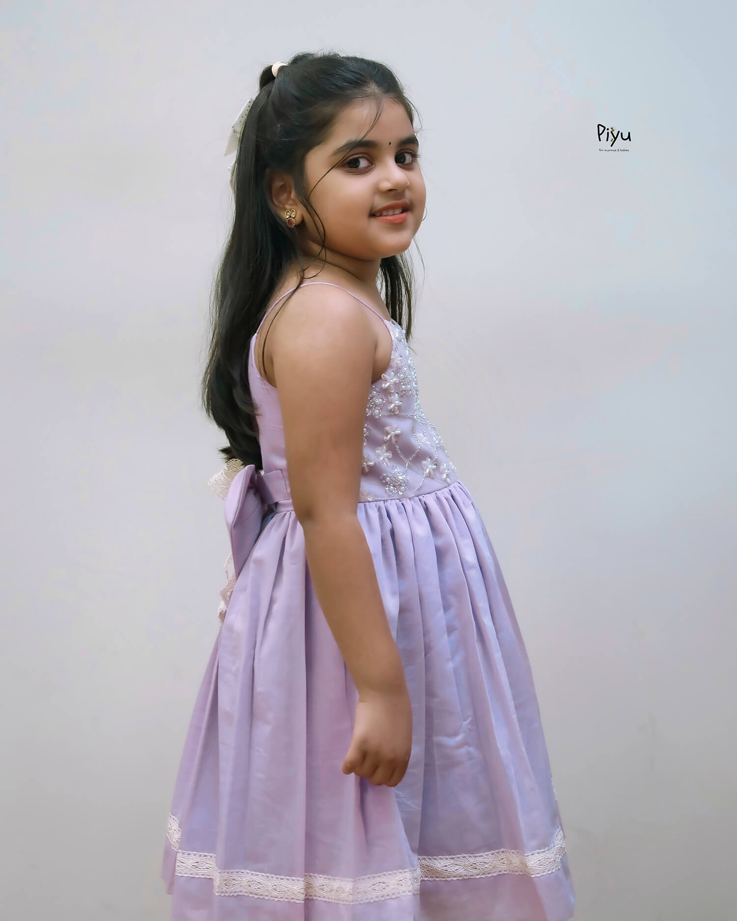 Mul Chanderi Frock: Beaded Net Yoke & Back Bow-Lavender.