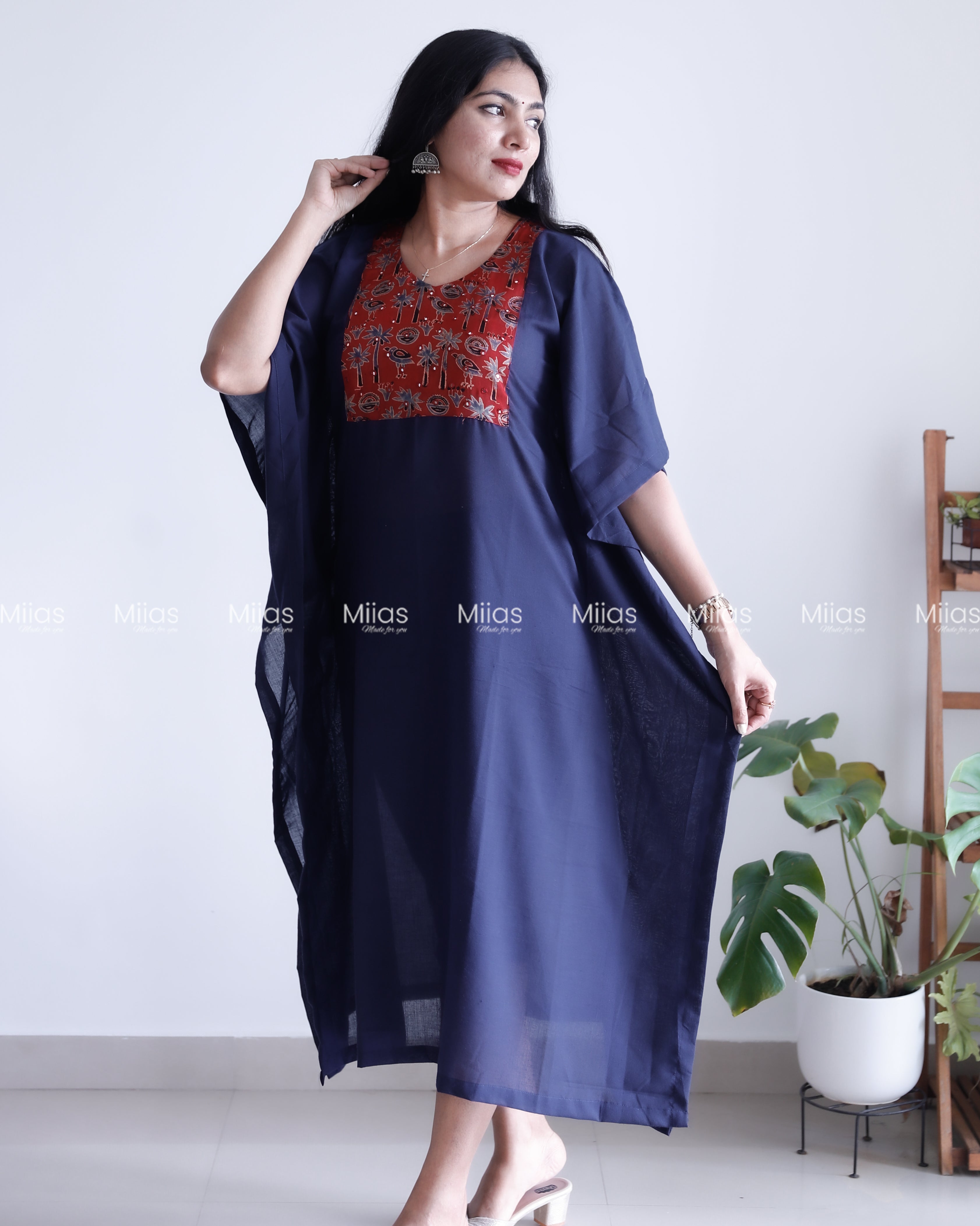 Cotton Kaftan | Modal Silk Mirror Yoke Patch | Navy Blue