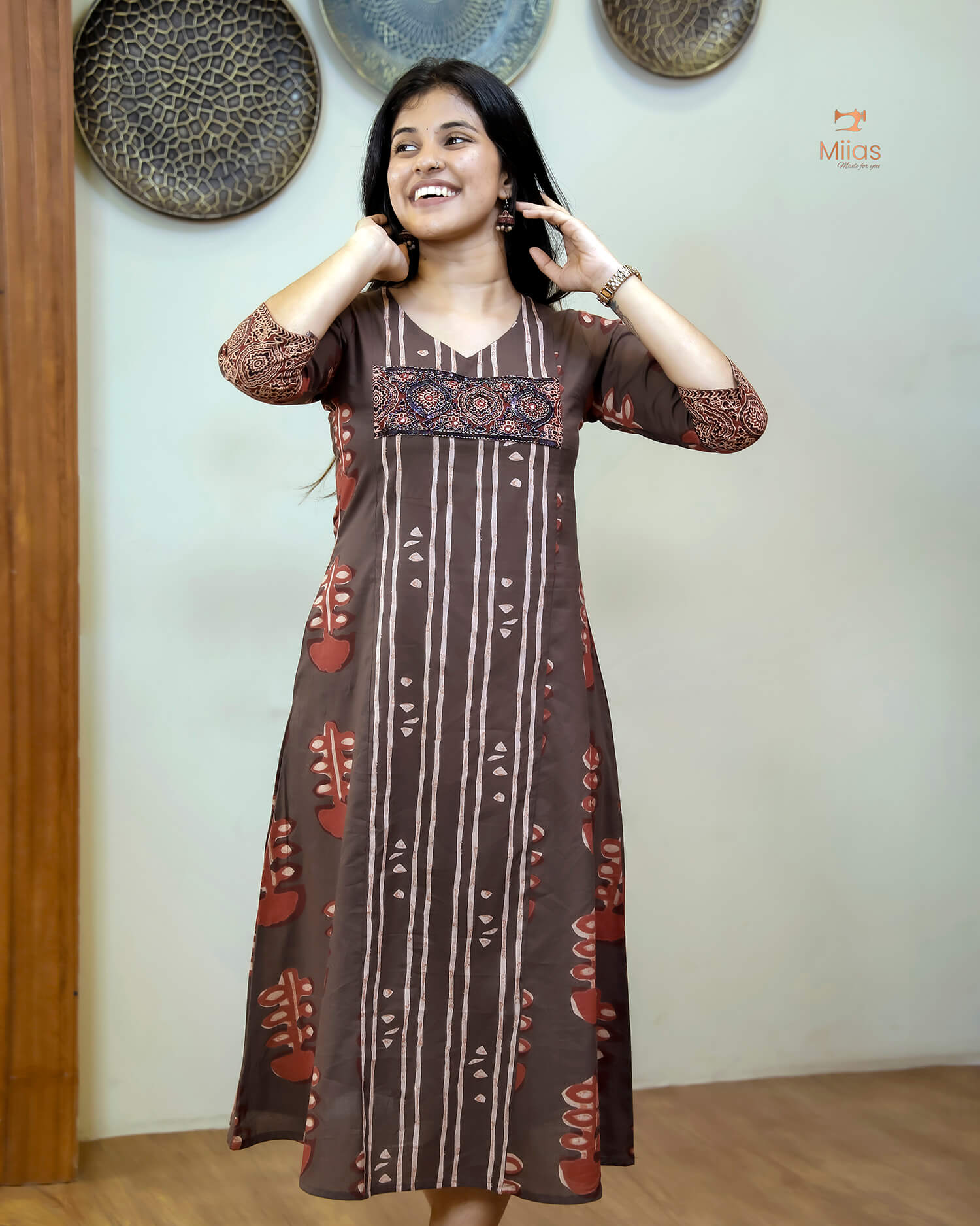 South Cotton Kurti: Beaded, Sequined Yoke & Ajrakh Sleeves