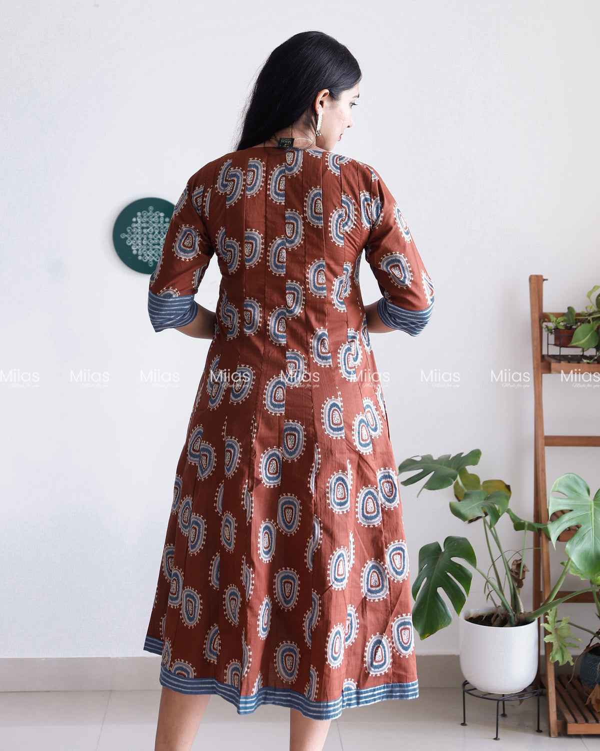 Ajrakh Cotton Panel Kurti | Mirror Collar + Contrast Border | Coffee Brown