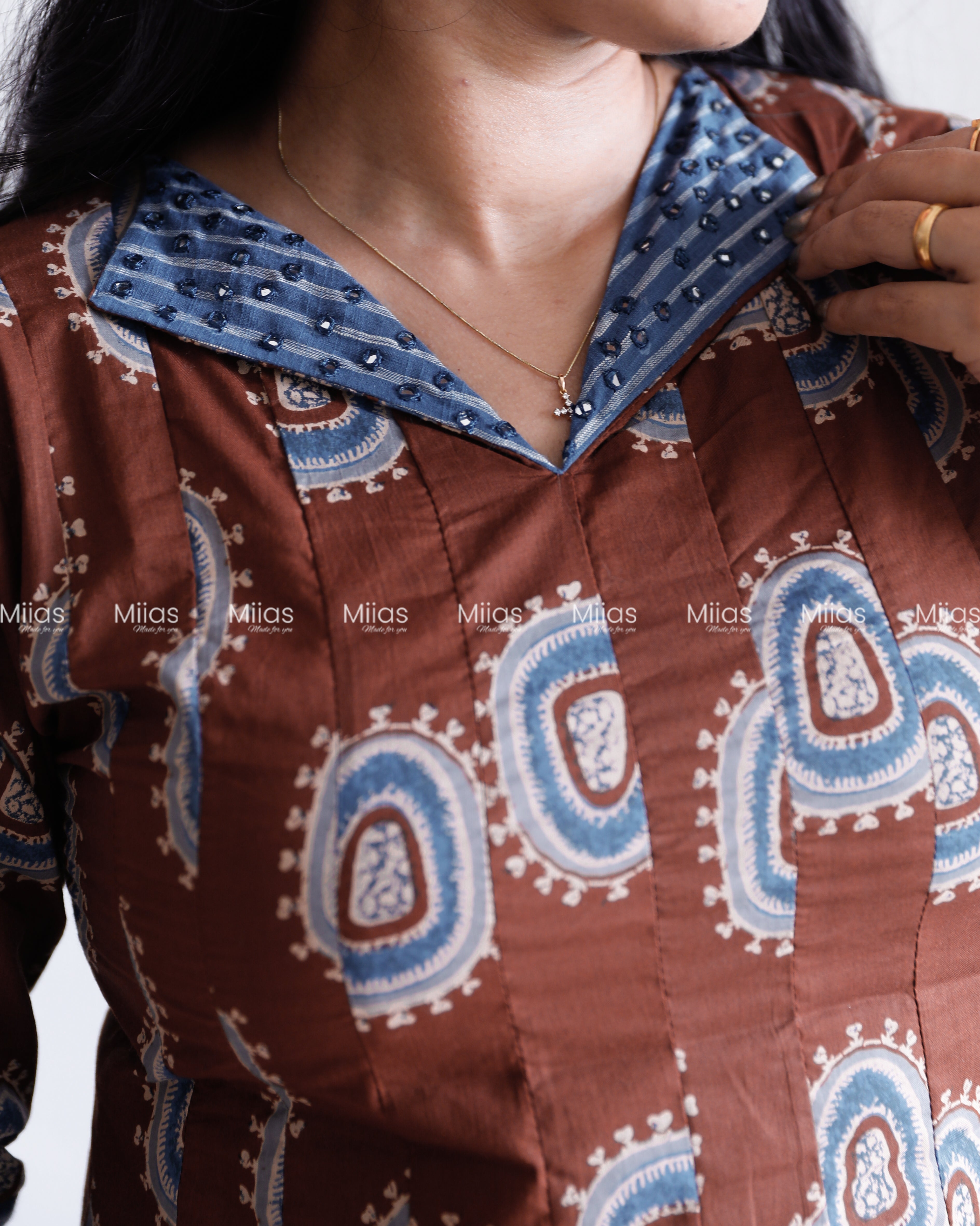 Ajrakh Cotton Panel Kurti | Mirror Collar + Contrast Border | Coffee Brown