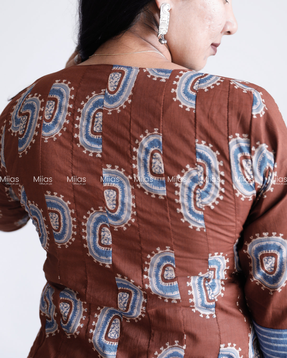 Ajrakh Cotton Panel Kurti | Mirror Collar + Contrast Border | Coffee Brown