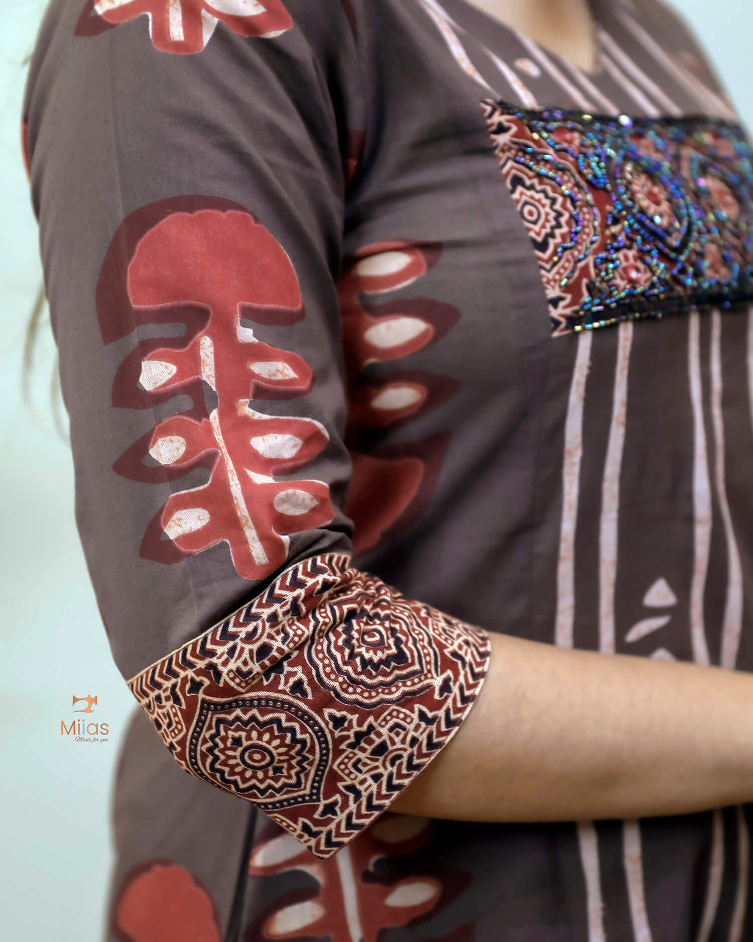 South Cotton Kurti: Beaded, Sequined Yoke & Ajrakh Sleeves