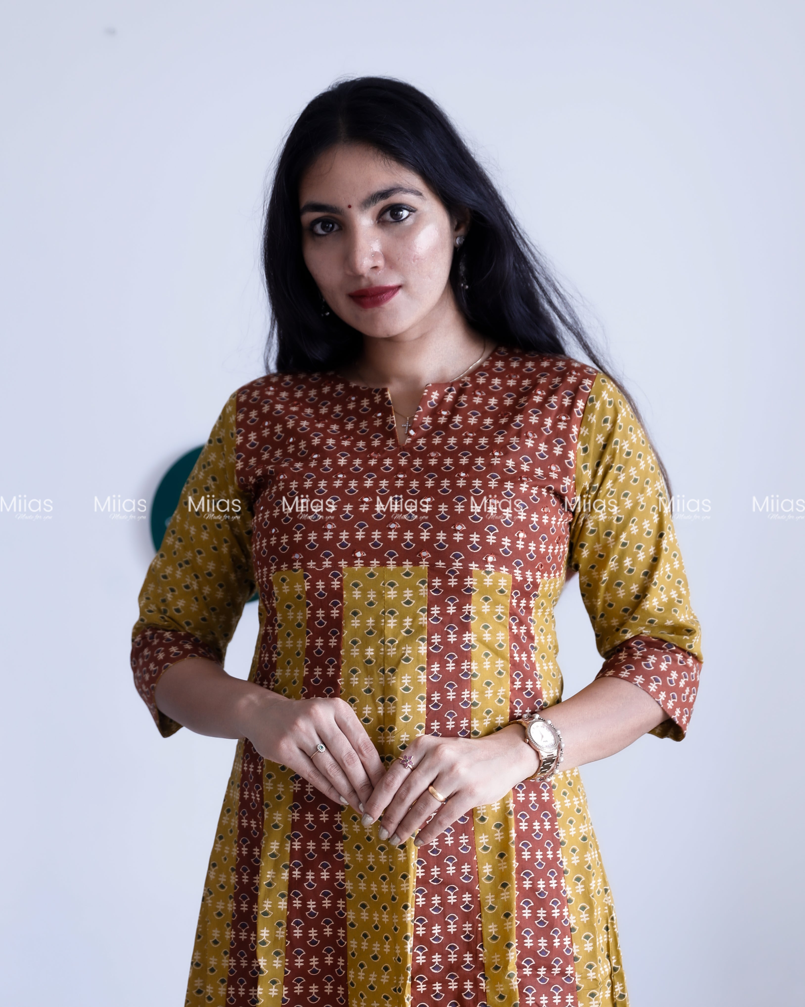 Cotton Panel Kurti | Ajrakh 2-Tone + Mirror Yoke + Border | Yellow & Brown