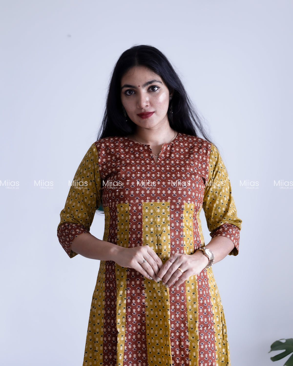 Cotton Panel Kurti | Ajrakh 2-Tone + Mirror Yoke + Border | Yellow & Brown