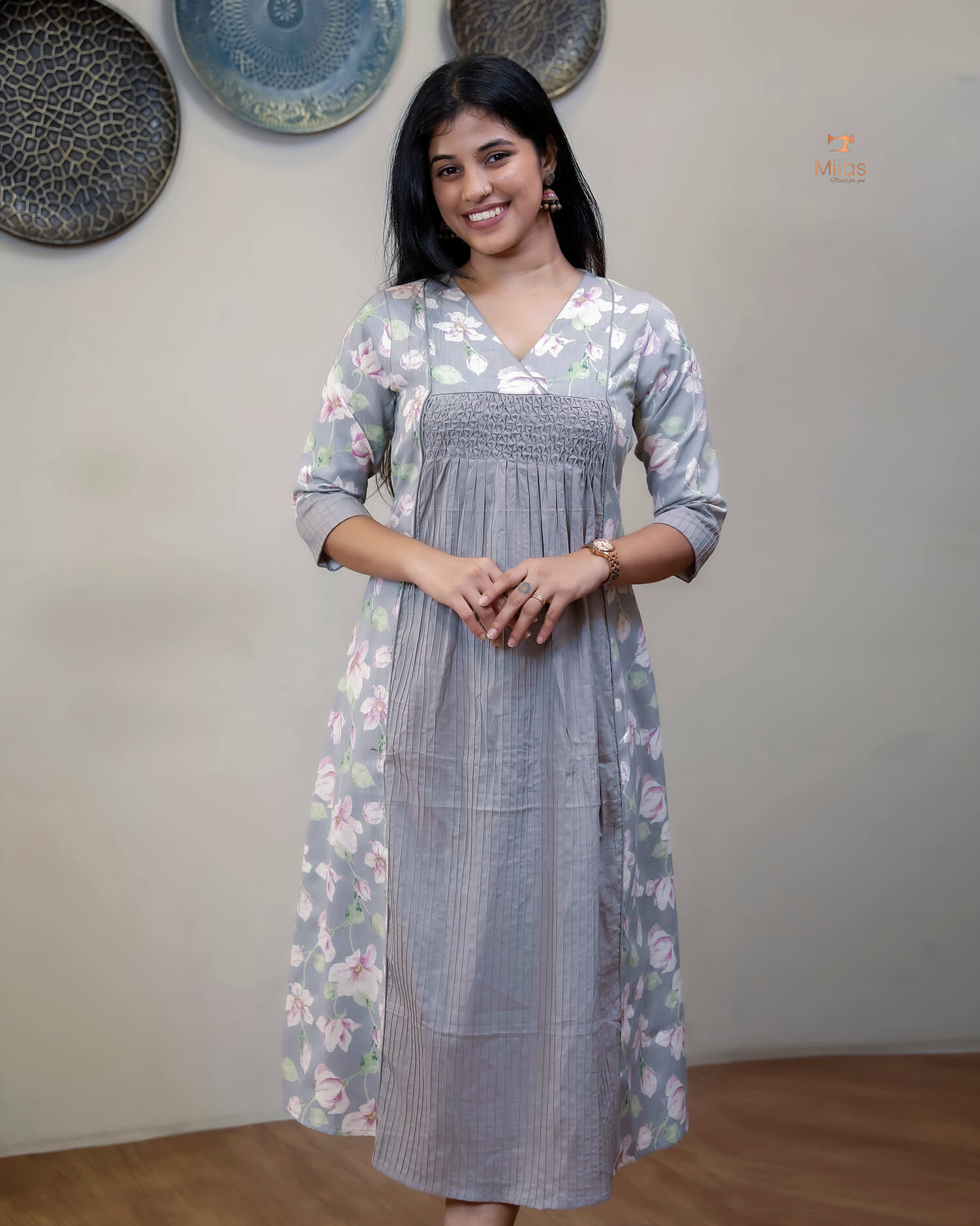 Cotton Kurti | Printed & Pintuck Panels with Smocking