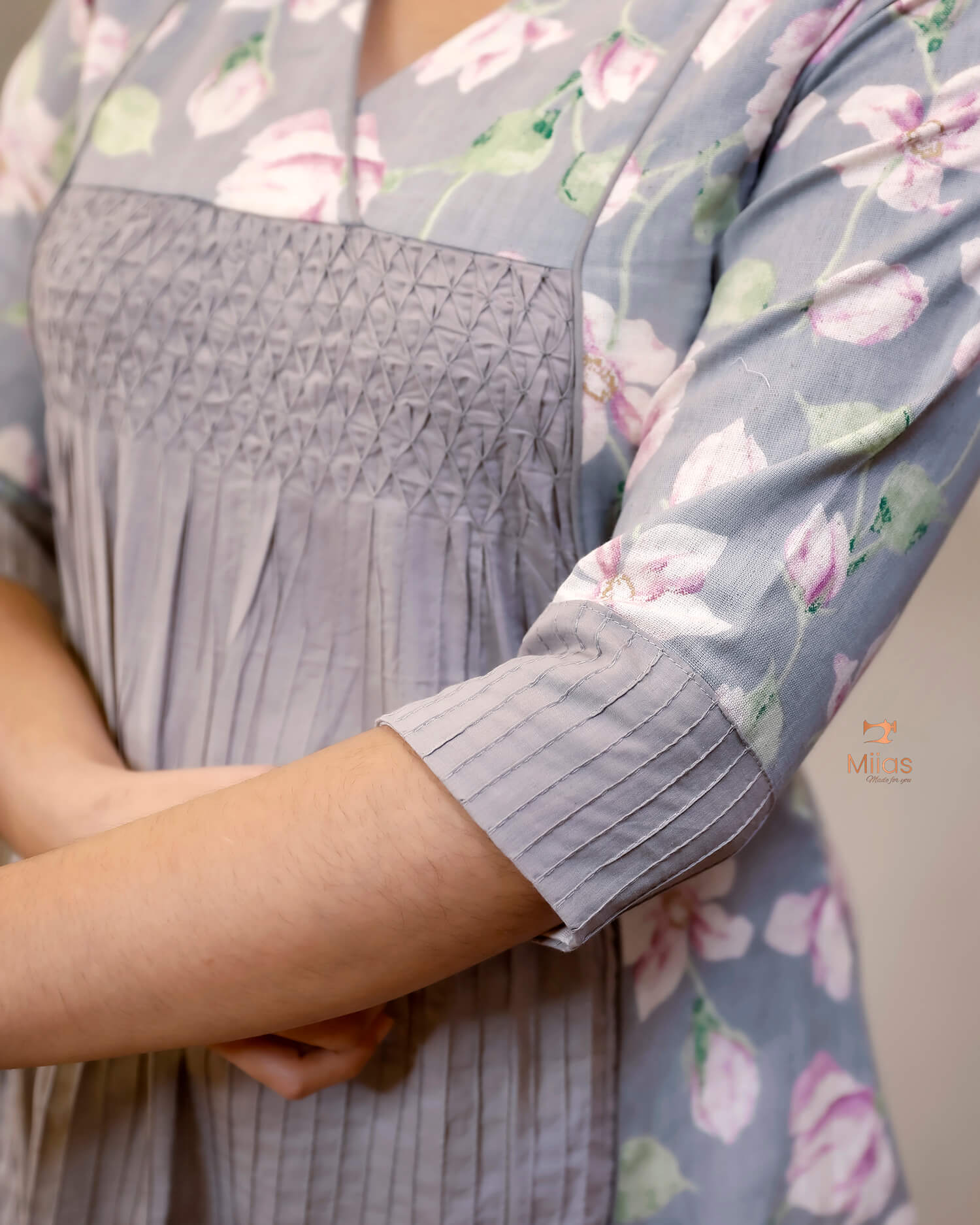 Cotton Kurti | Printed & Pintuck Panels with Smocking