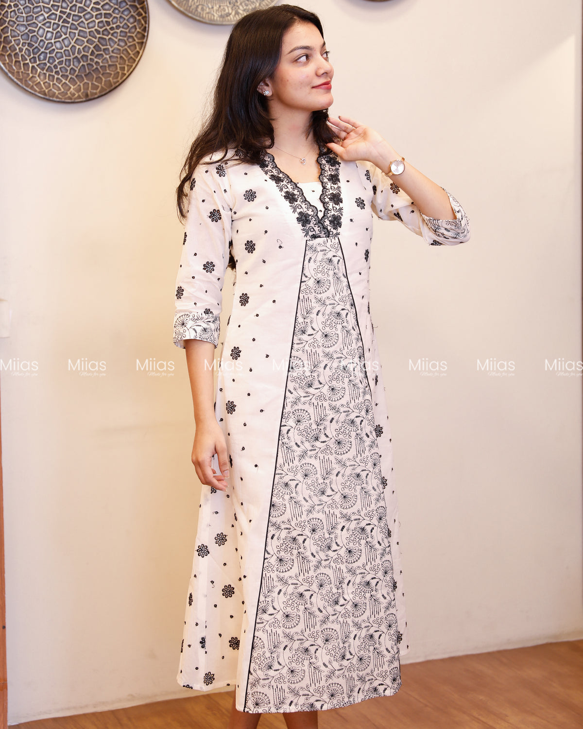 Kora Cotton Dress Kurti | Thread Work + Overlap V-Neck | Off-White