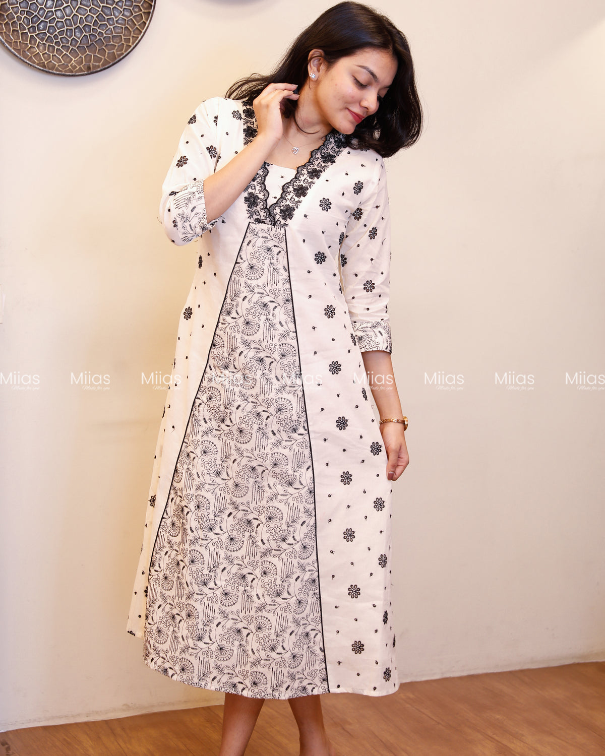 Kora Cotton Dress Kurti | Thread Work + Overlap V-Neck | Off-White