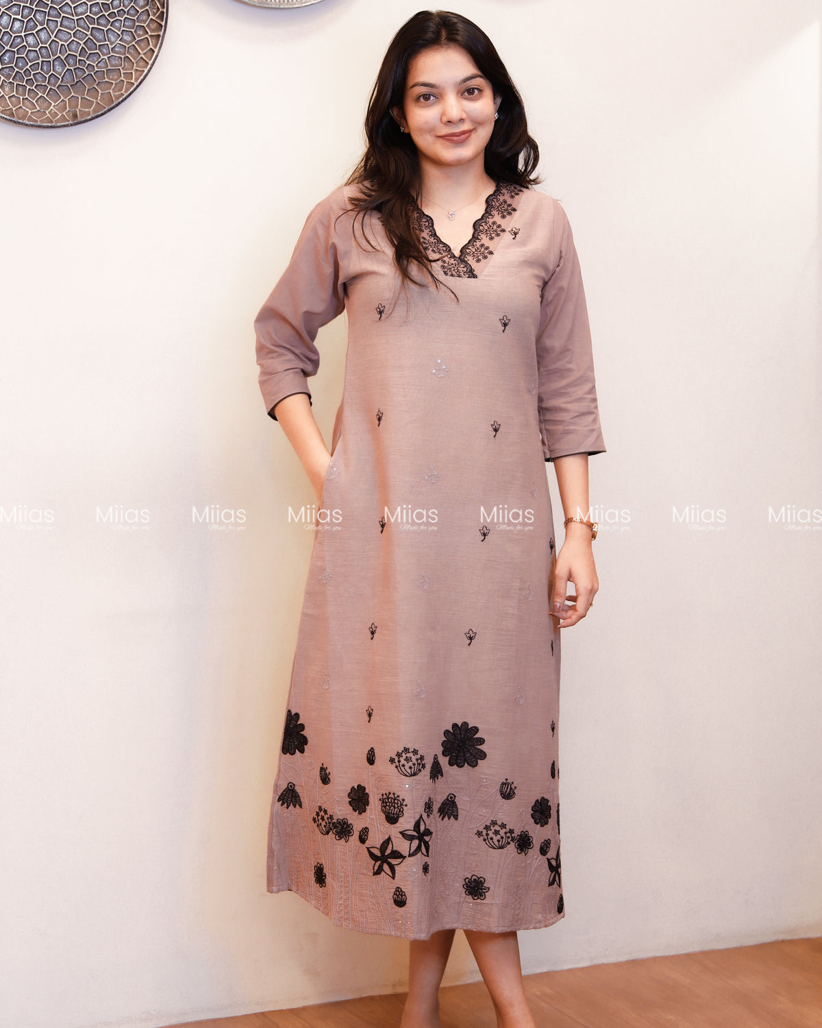 Kora Cotton A-Line Kurti | Embroidered V-Neck + Pocket | Chocolate