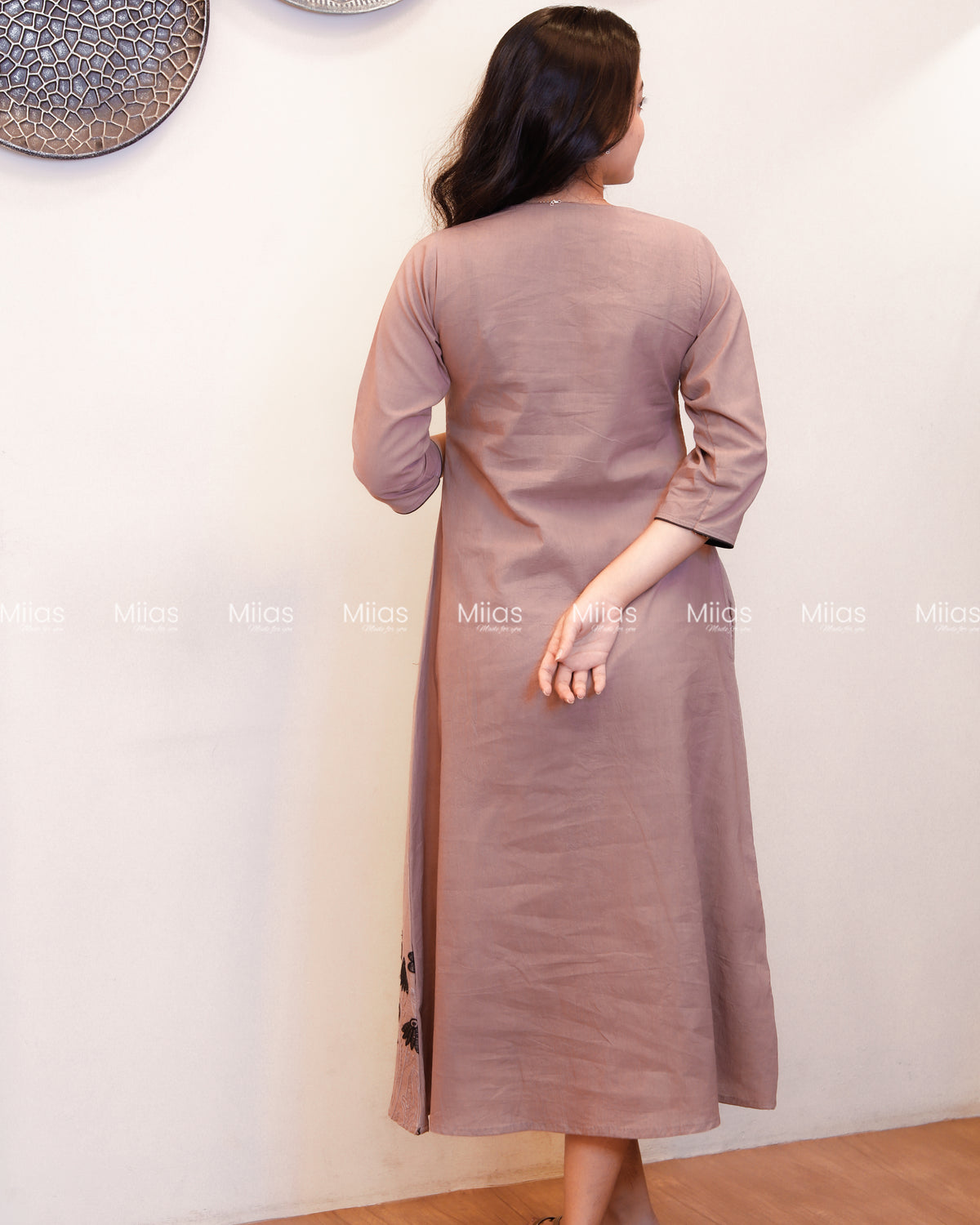 Kora Cotton A-Line Kurti | Embroidered V-Neck + Pocket | Chocolate