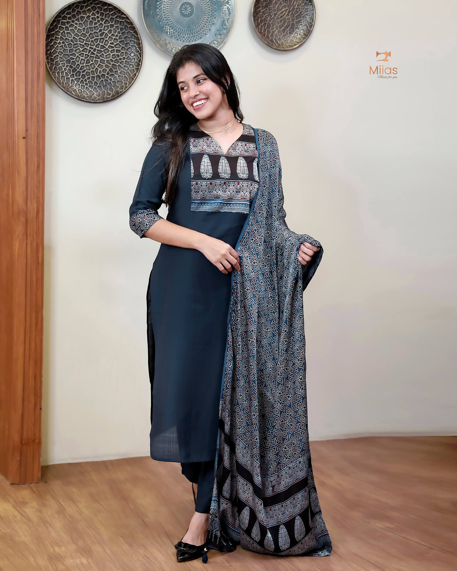 Spun Silk Top & Bottom Set with Modal Silk Dupatta-Navy Blue