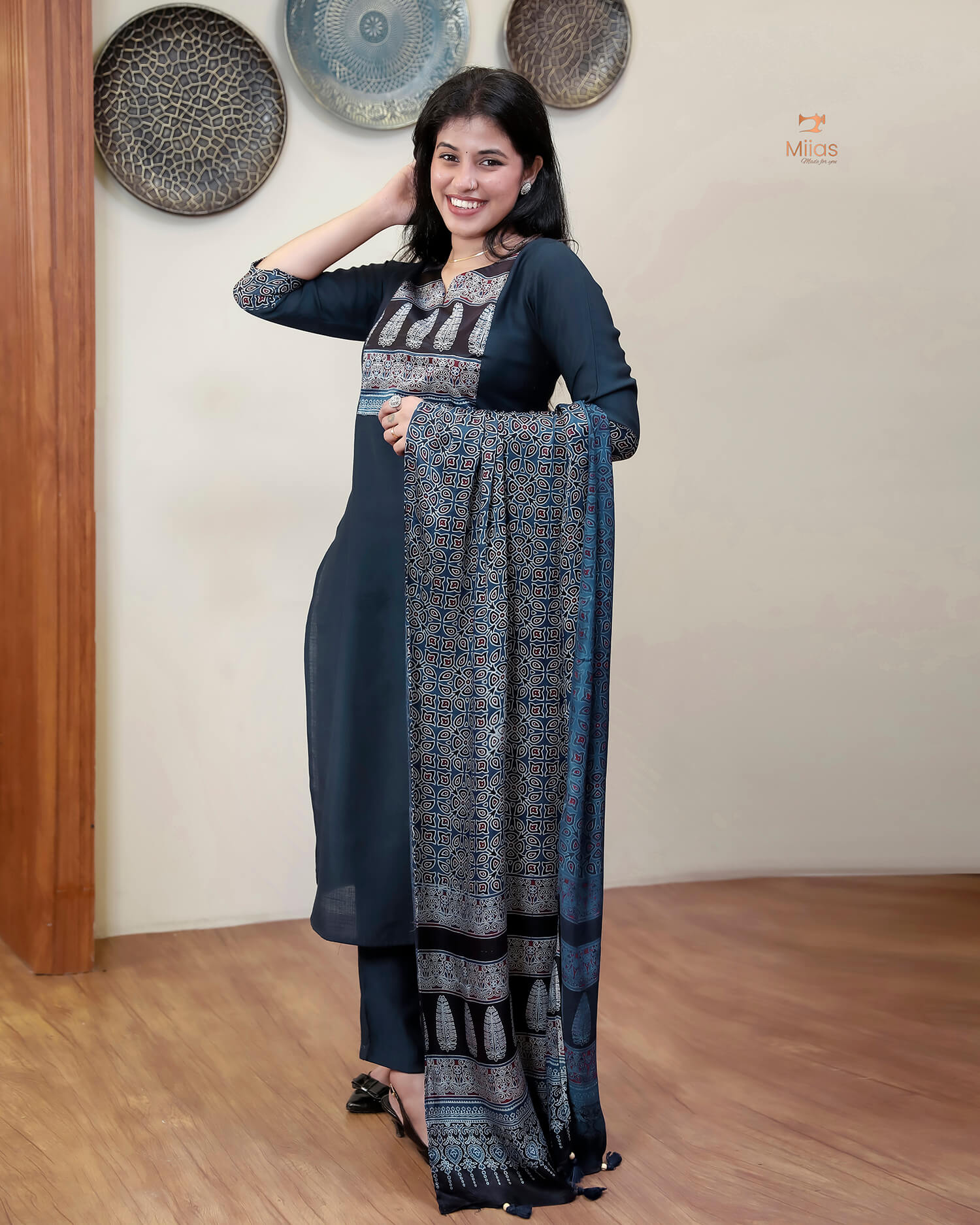 Spun Silk Top & Bottom Set with Modal Silk Dupatta-Navy Blue