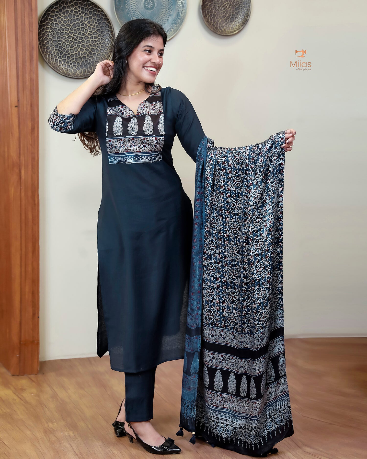 Spun Silk Top & Bottom Set with Modal Silk Dupatta-Navy Blue