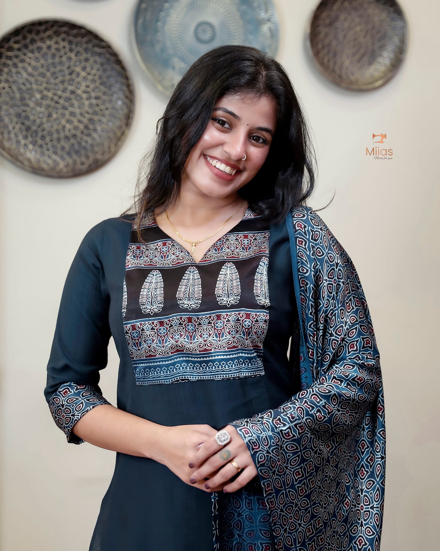 Spun Silk Top & Bottom Set with Modal Silk Dupatta-Navy Blue