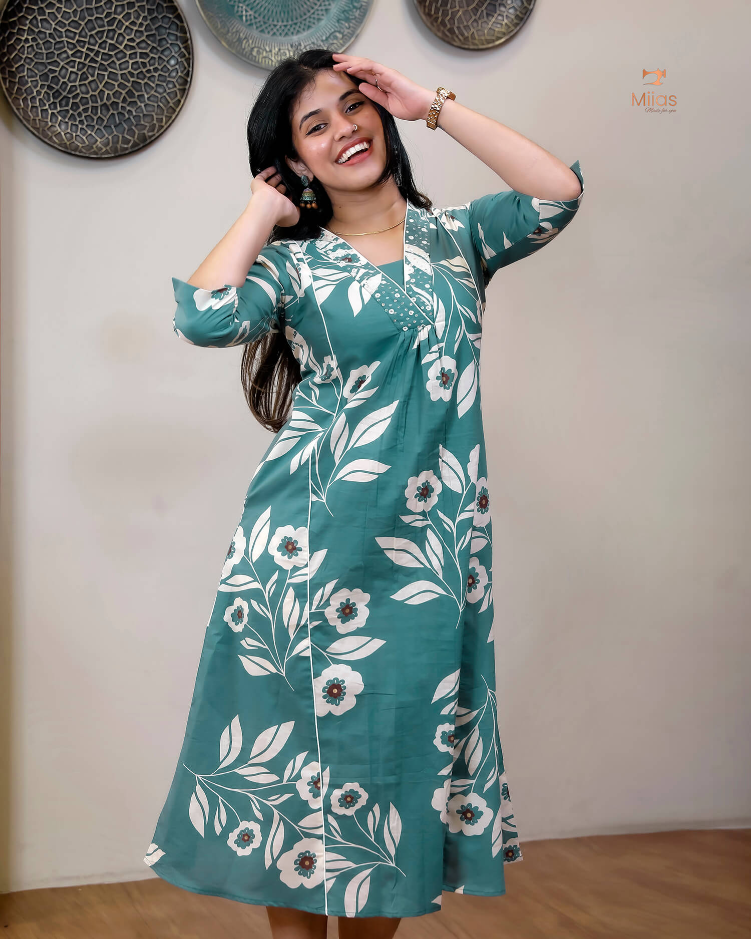 South Cotton Kurti with Mirrors, Sequins & Pocket-Aqua Green