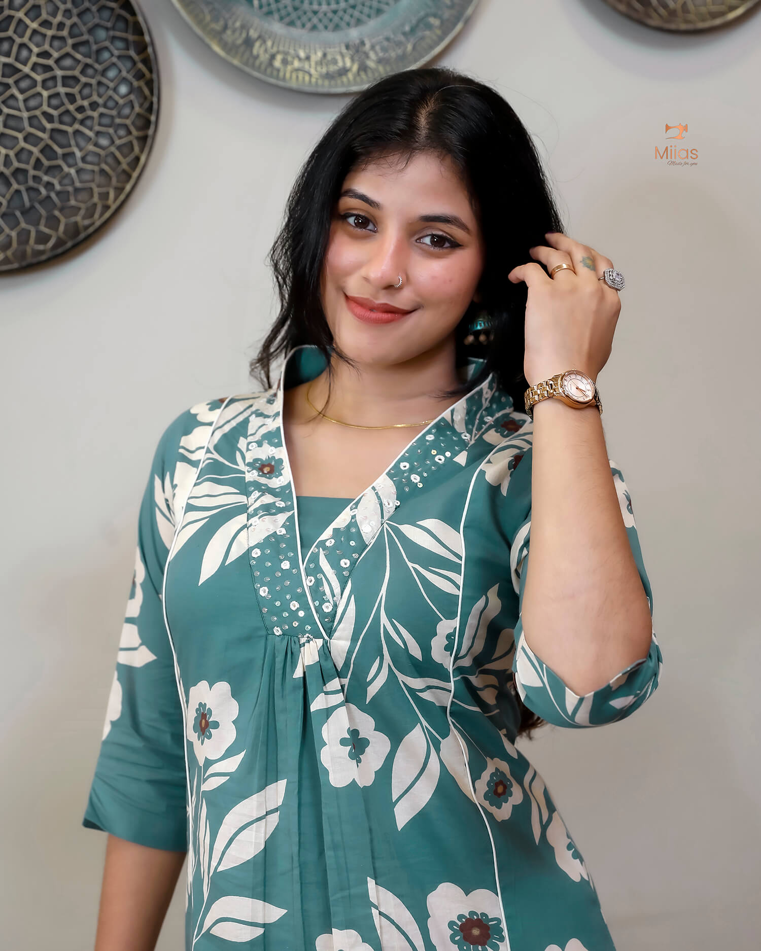 South Cotton Kurti with Mirrors, Sequins & Pocket-Aqua Green