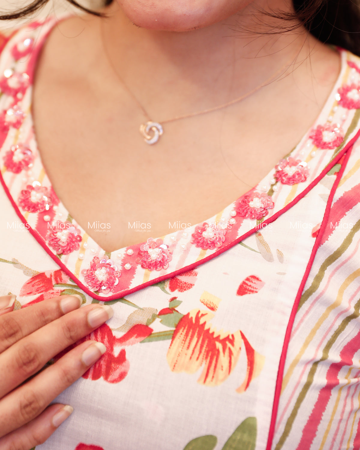 South Cotton Co-ord Set | Sequin Pearl Neck + Dual Print | White