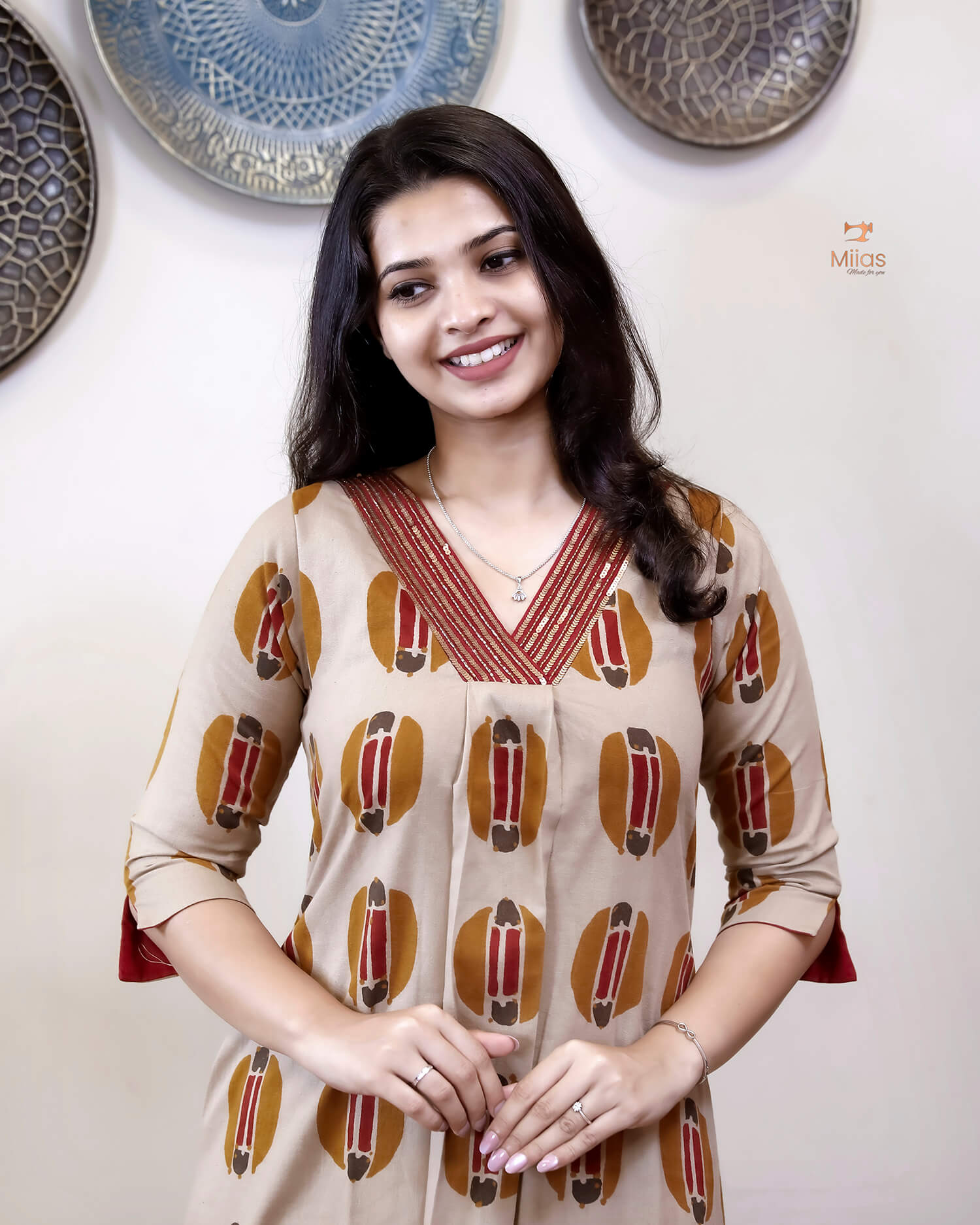 Handblock Printed Cotton A-Line Kurti | Sequined Neck | Yellow