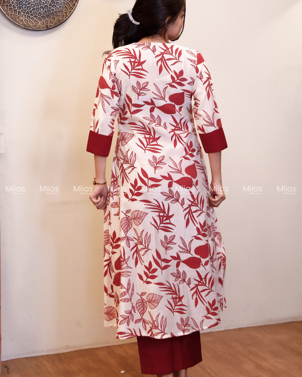 Vatican Fabric Kurti | Floral A-Line Top + Pockets | White & Reddish maroon