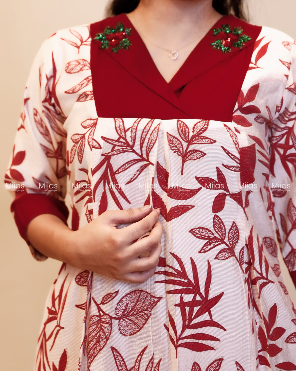 Vatican Fabric Kurti | Floral A-Line Top + Pockets | White & Reddish maroon