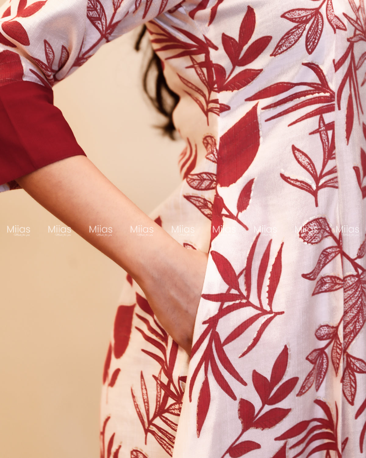 Vatican Fabric Kurti | Floral A-Line Top + Pockets | White & Reddish maroon