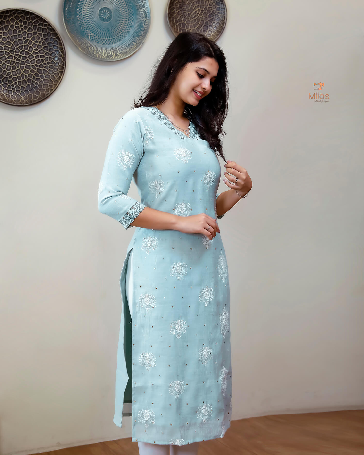Crushed Dhara Silk | Embroidered Slit Top & Dupatta Set | Pastel Blue