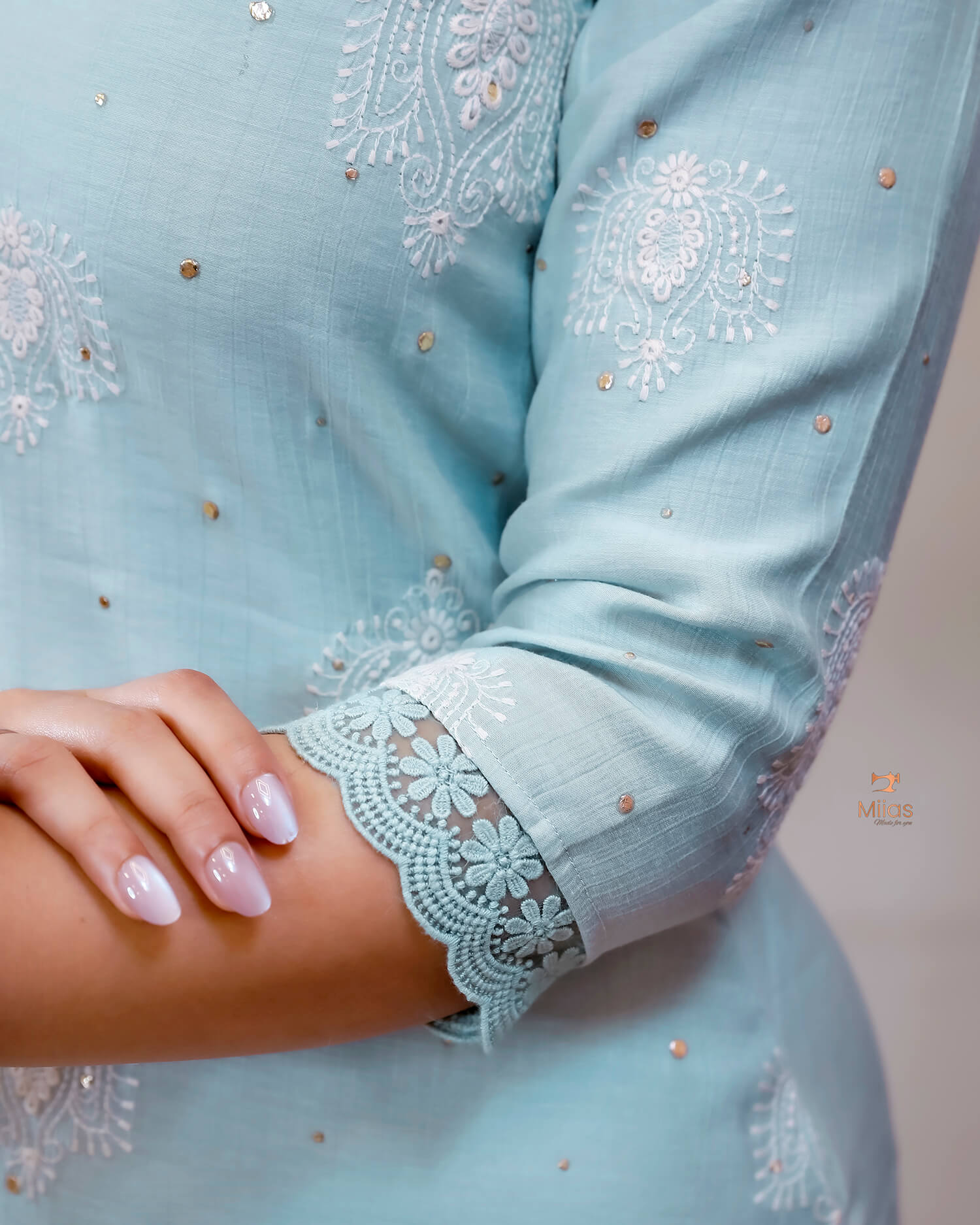Crushed Dhara Silk | Embroidered Slit Top & Dupatta Set | Pastel Blue