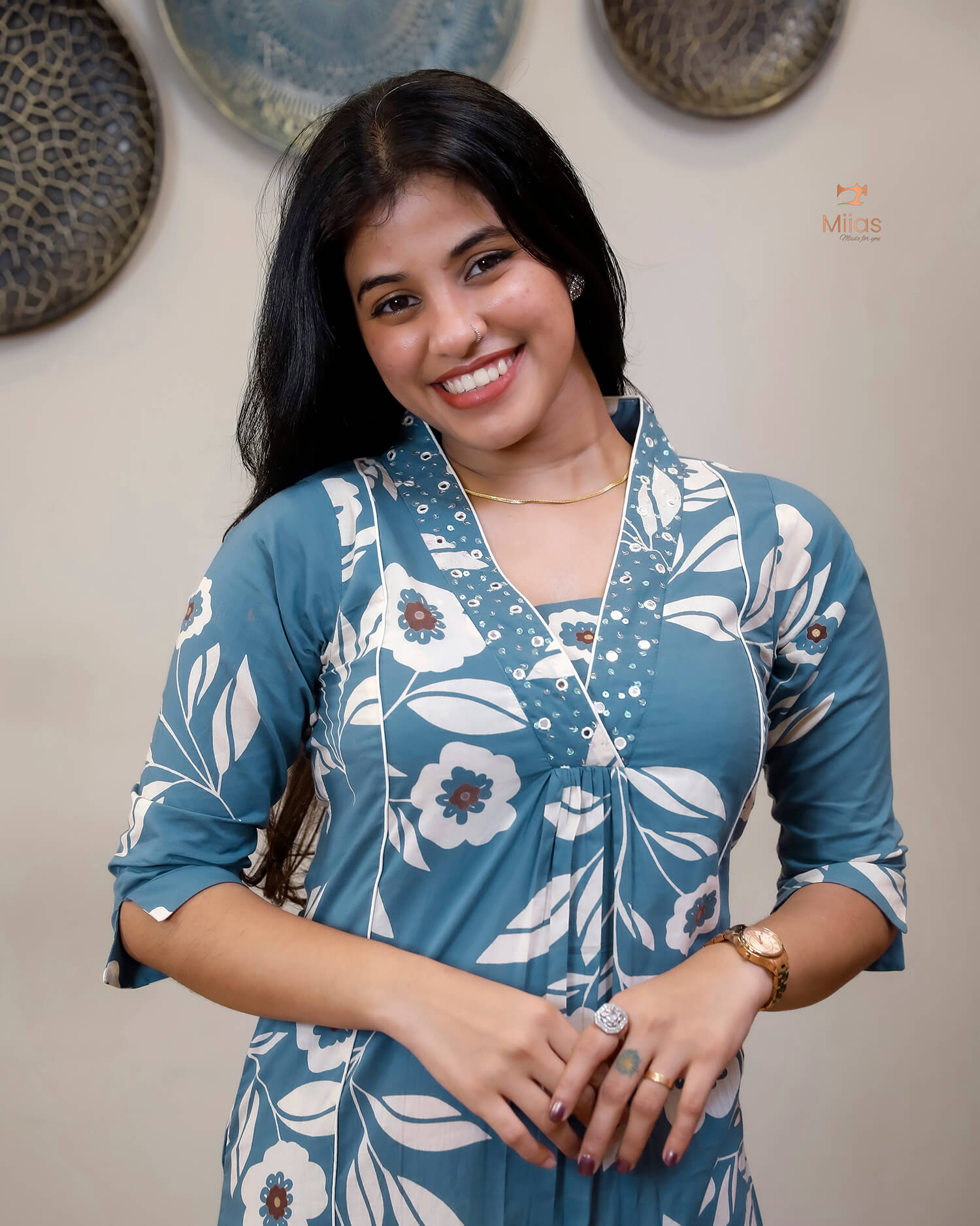 South Cotton Kurti with Mirrors, Sequins & Pocket-Blue