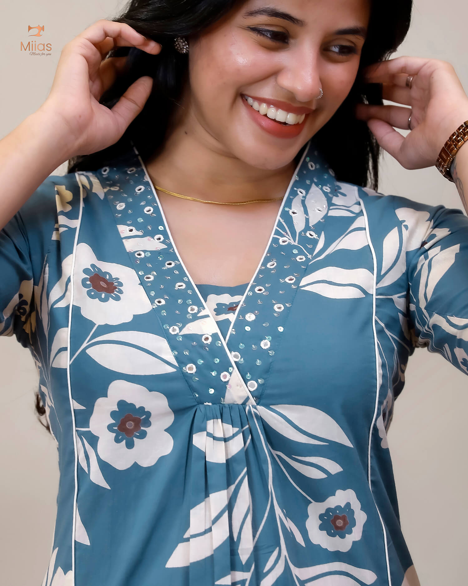 South Cotton Kurti with Mirrors, Sequins & Pocket-Blue