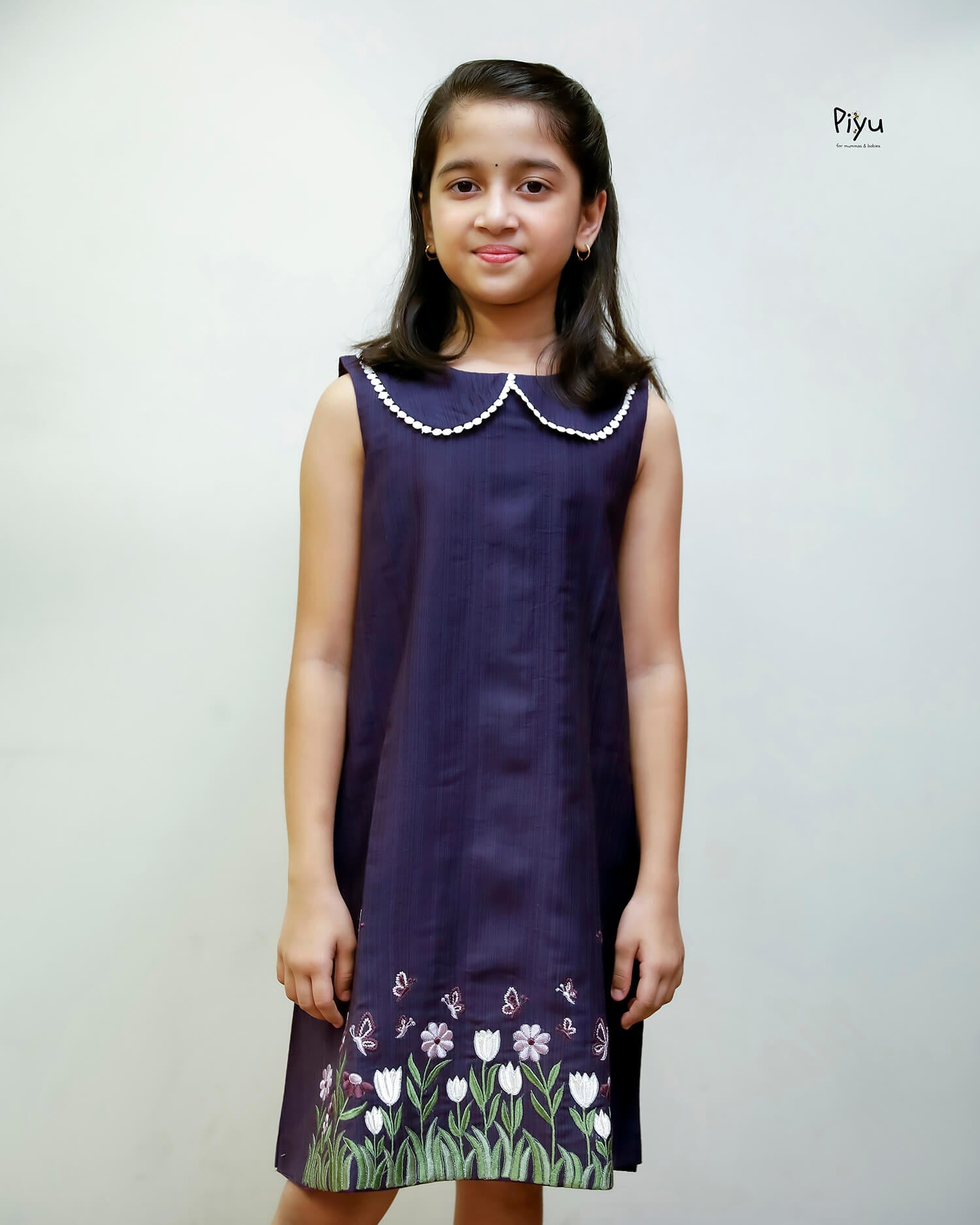 Vatican A-Line Frock with Peter Pan Collar & Embroidered Hem-Deep Violet