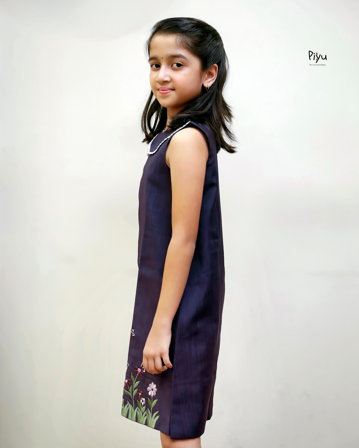 Vatican A-Line Frock with Peter Pan Collar & Embroidered Hem-Deep Violet