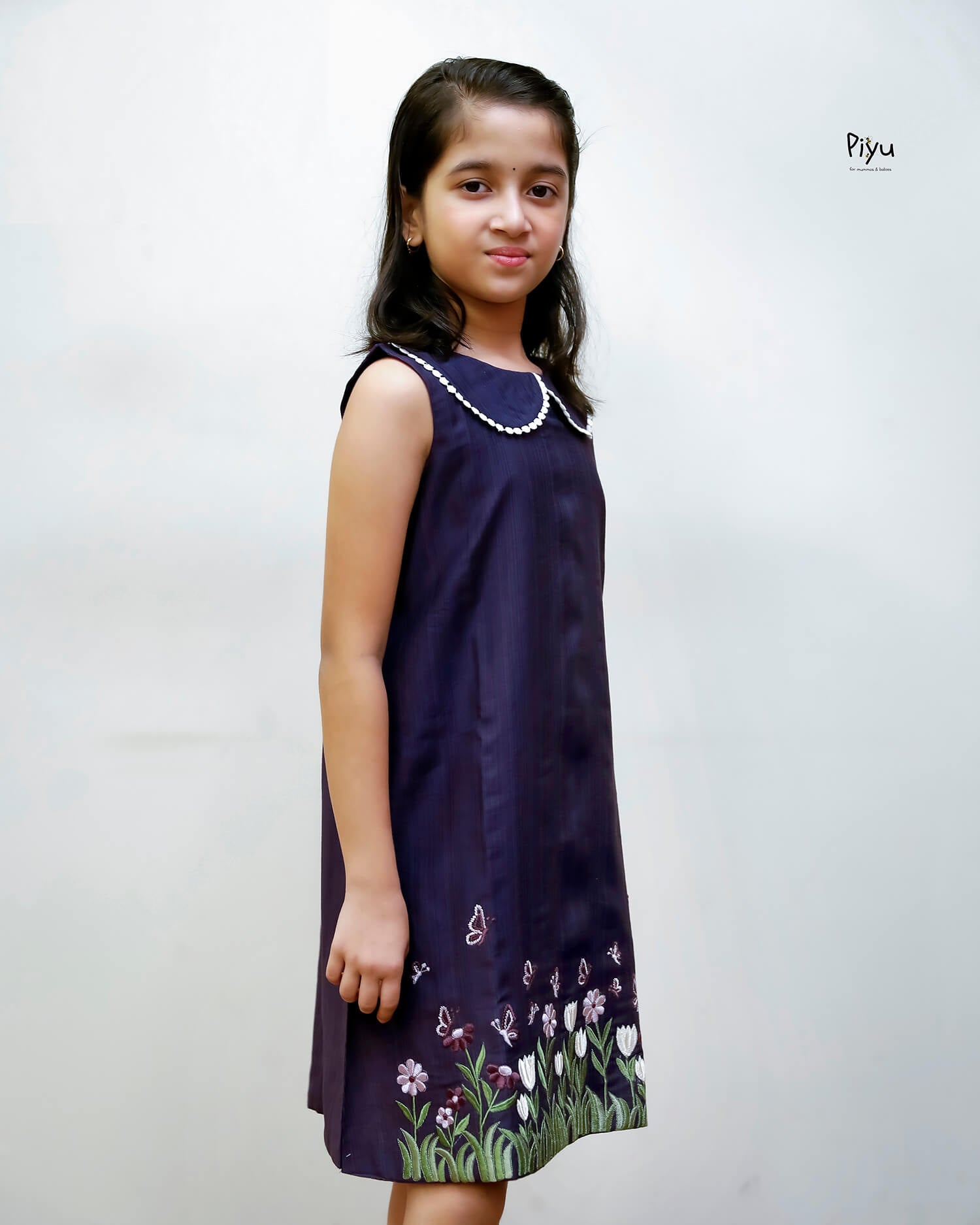 Vatican A-Line Frock with Peter Pan Collar & Embroidered Hem-Deep Violet