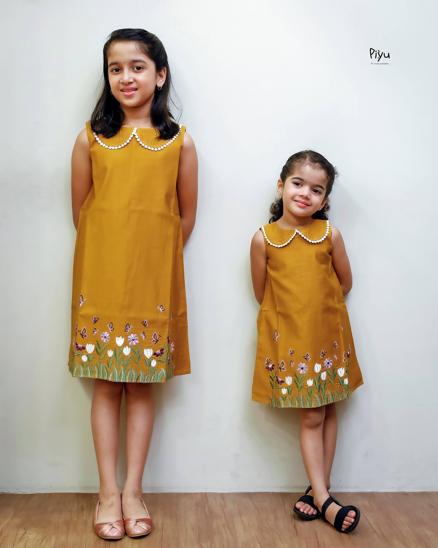 Vatican A-Line Frock with Peter Pan Collar & Embroidered Hem-Mango Yellow