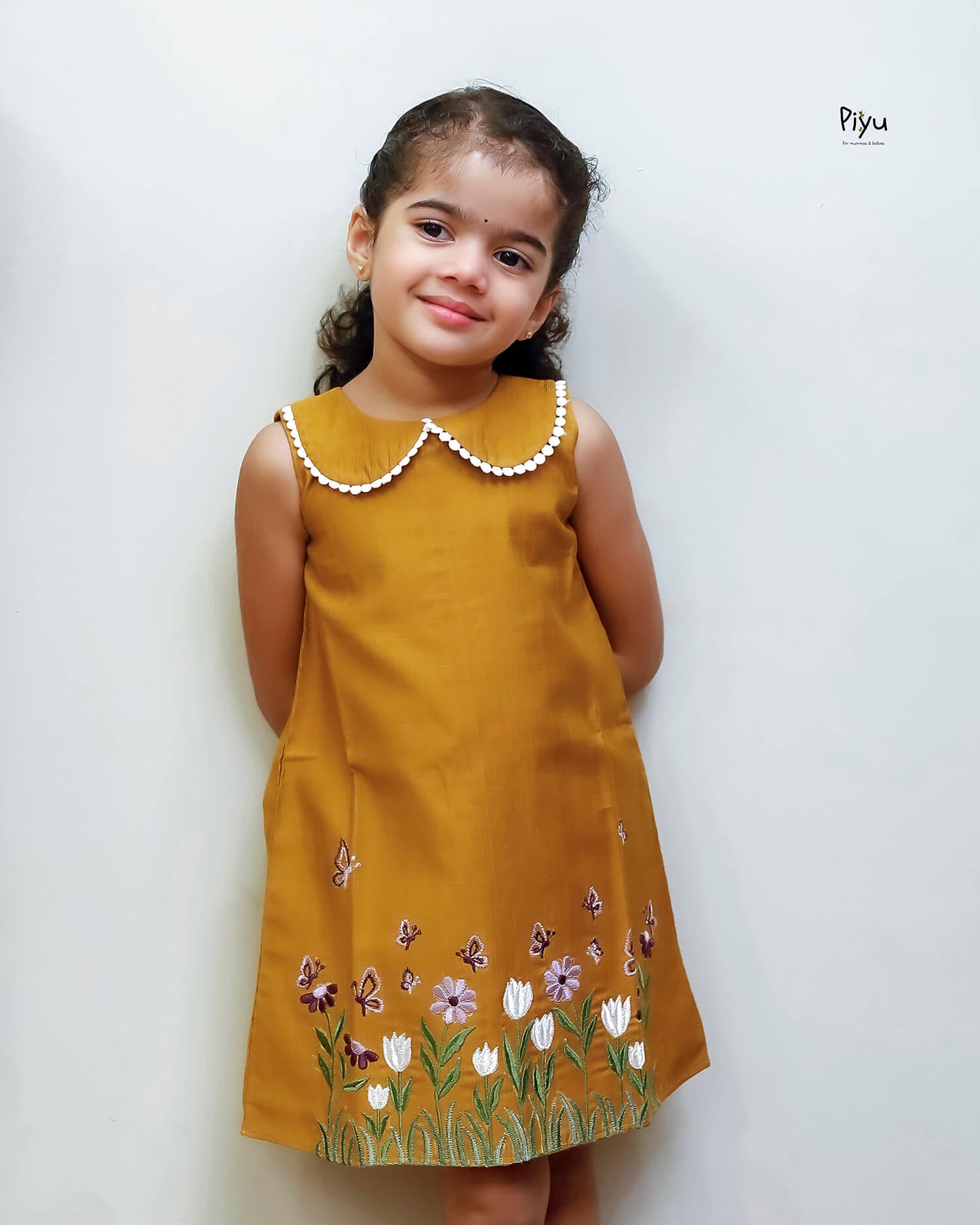 Vatican A-Line Frock with Peter Pan Collar & Embroidered Hem-Mango Yellow