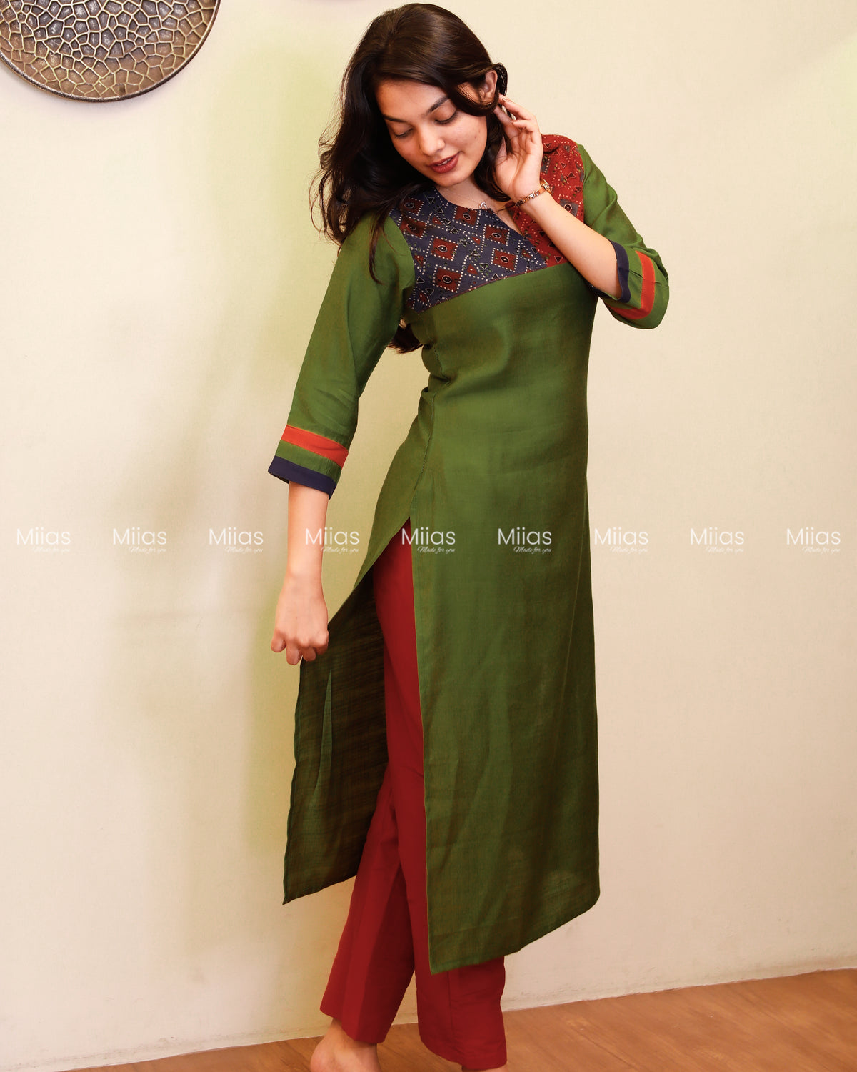 Vatican Fabric Co-ord Set | Ajrakh Hakoba Yoke + Borders | Fern Green