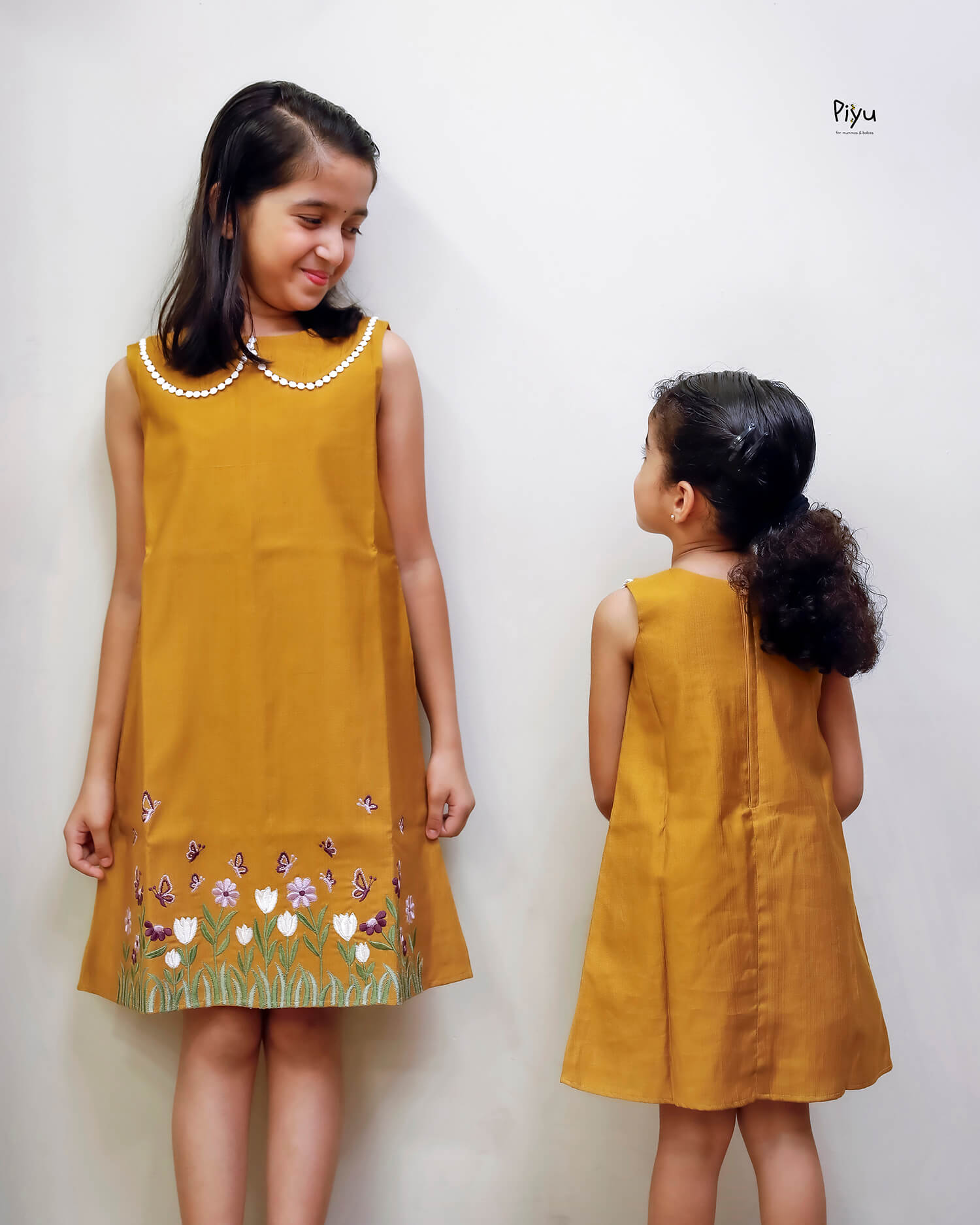 Vatican A-Line Frock with Peter Pan Collar & Embroidered Hem-Mango Yellow
