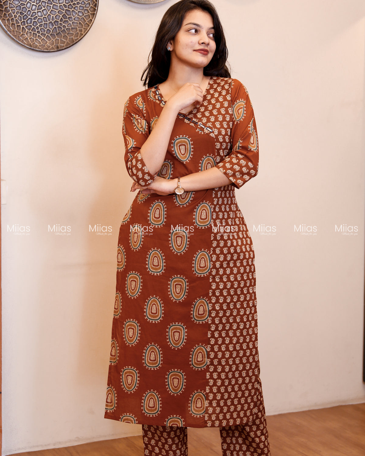 Ajrakh Cotton Co-ord Set | Mirror Neck + Dual-Print Top | Rust Brown