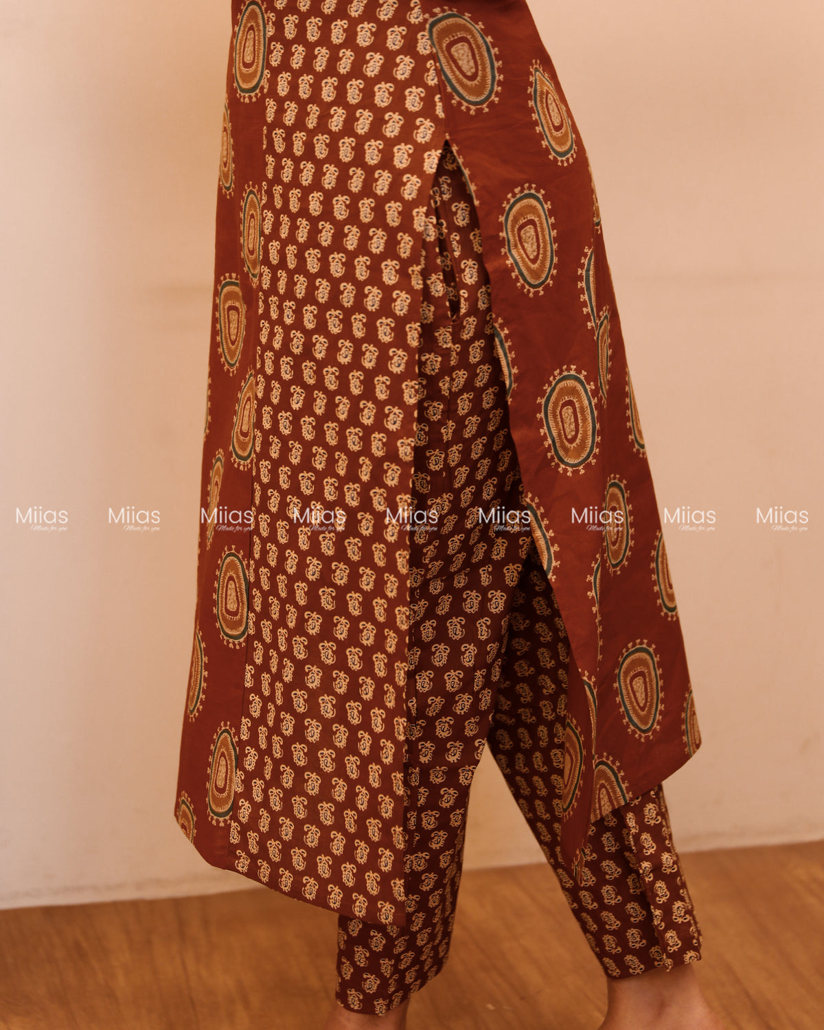Ajrakh Cotton Co-ord Set | Mirror Neck + Dual-Print Top | Rust Brown