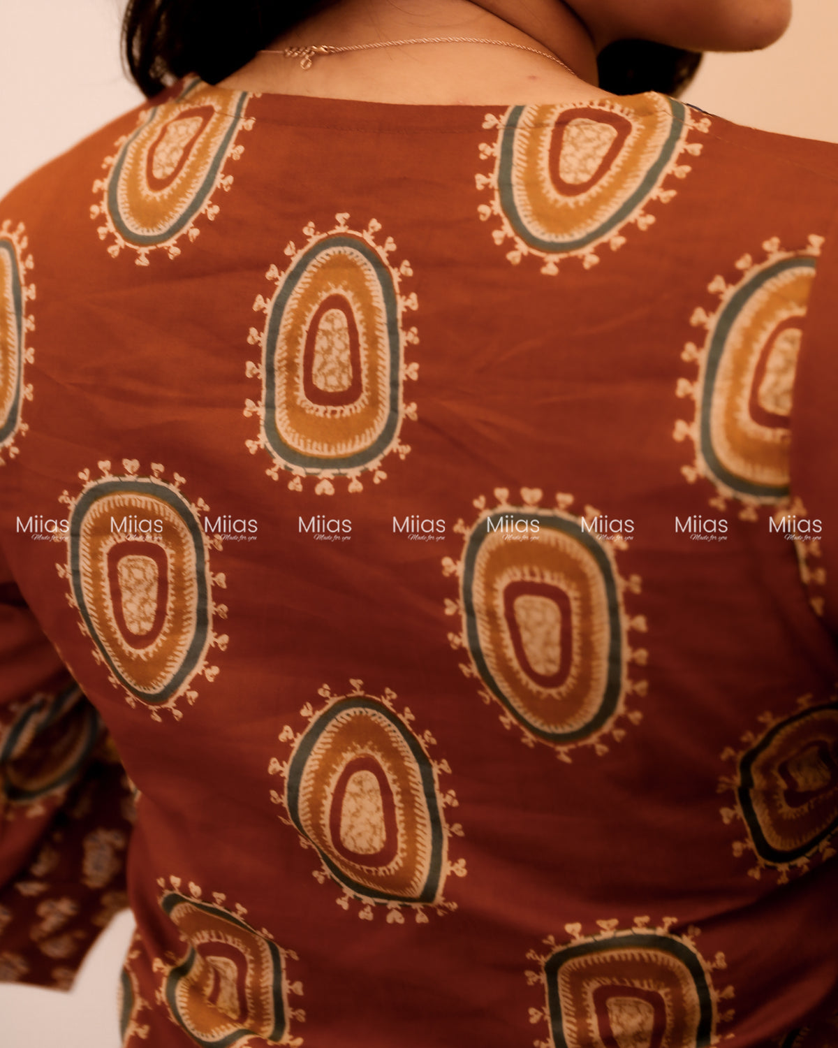 Ajrakh Cotton Co-ord Set | Mirror Neck + Dual-Print Top | Rust Brown
