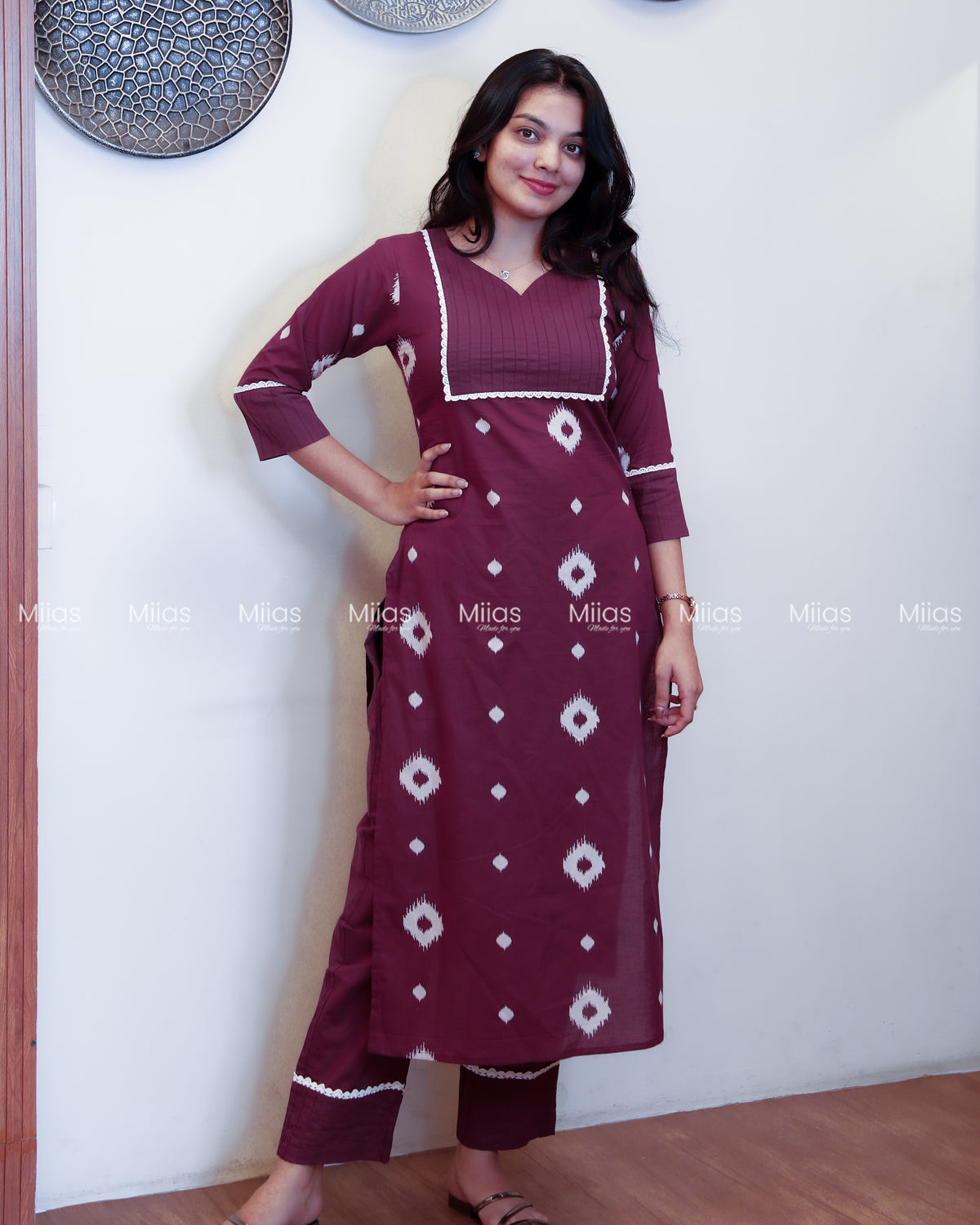 Jaipur Cotton Co-ord Set | Pintuck Yoke + Lace Detailing | Deep Plum