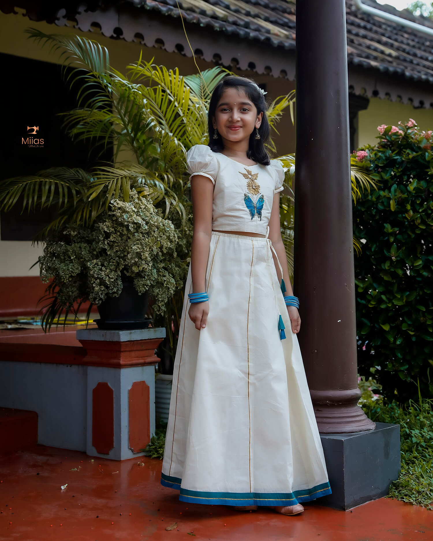 Girl's Onam Set – Kora Cotton Skirt & Embroidered Blouse-Onam 2025 – Miias