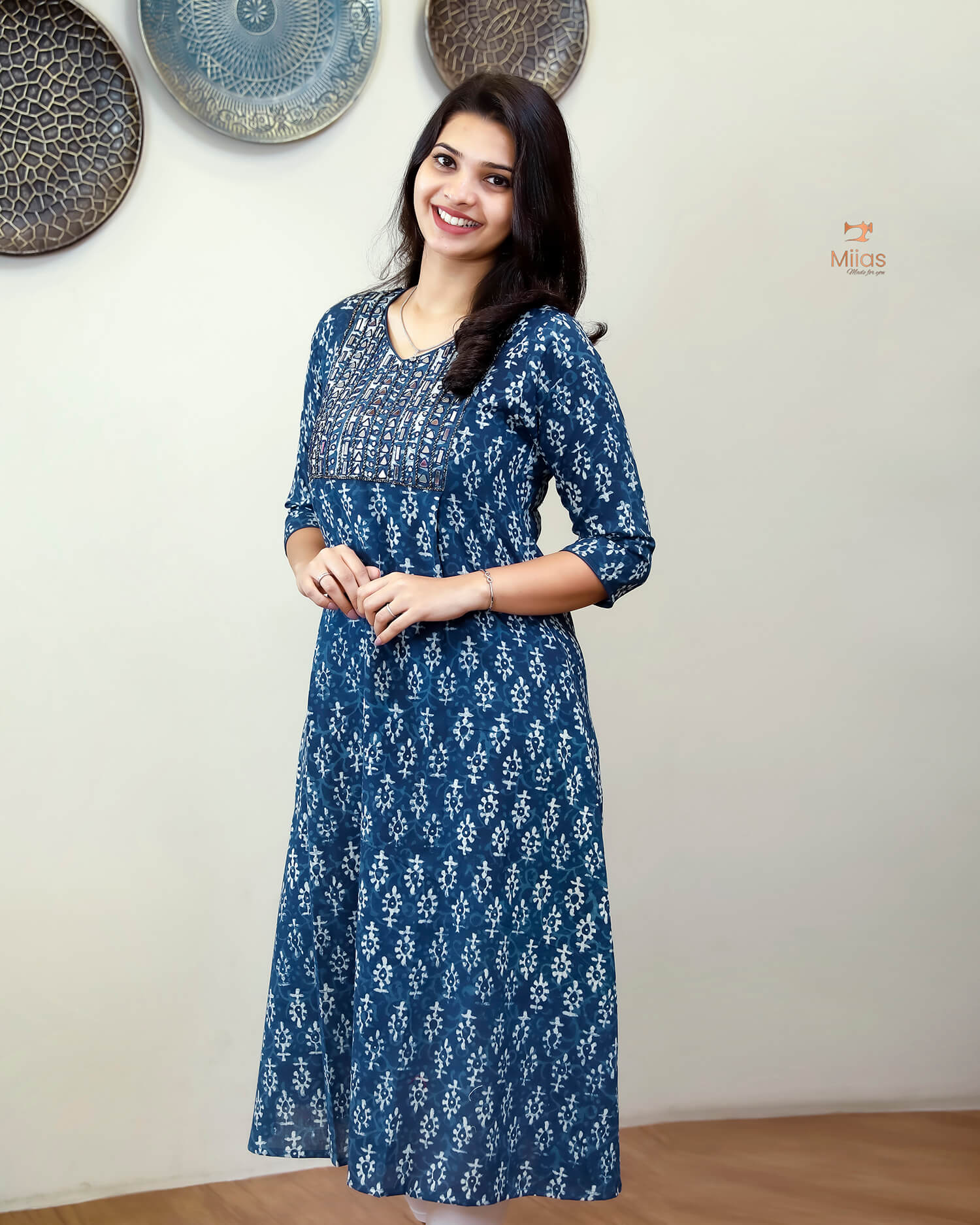 Cotton Hand Block Print A-Line Kurti | Blue.