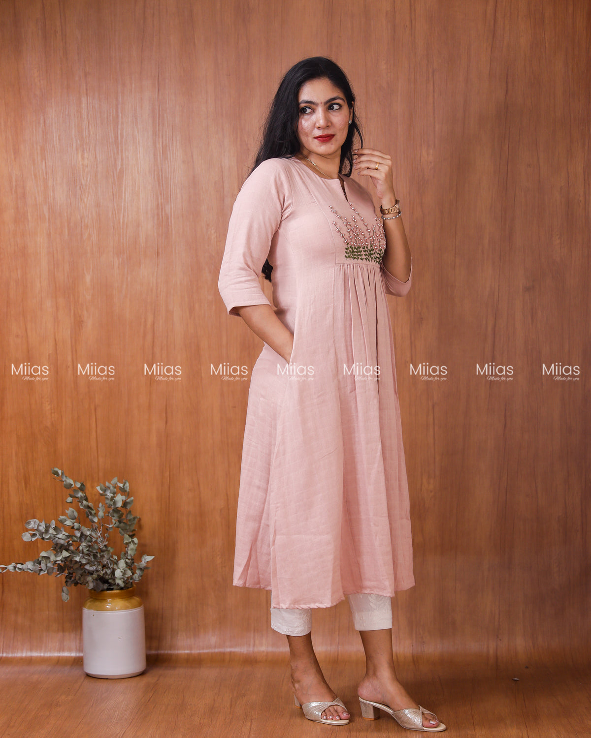 Flannel Cotton 3-Panel Slit Kurti | Embroidered Yoke + Pocket | Pastel Peach