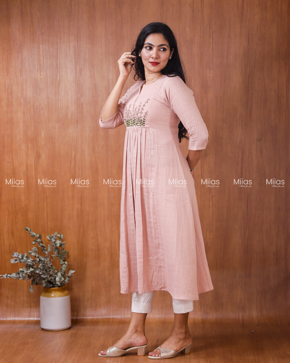 Flannel Cotton 3-Panel Slit Kurti | Embroidered Yoke + Pocket | Pastel Peach
