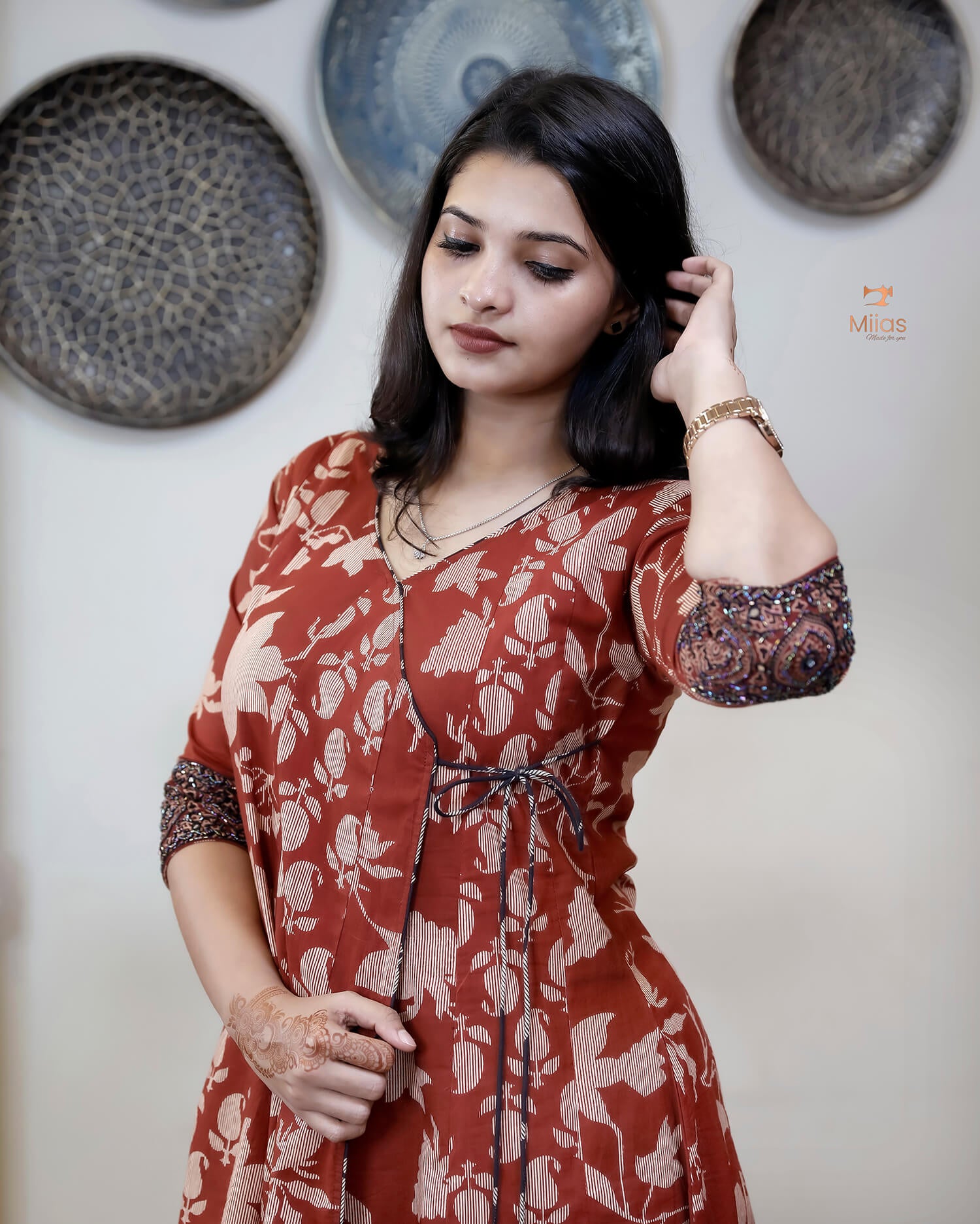 Wrap Kurti in South Cotton with Handmade Bead & Mirror Work-Brick Red